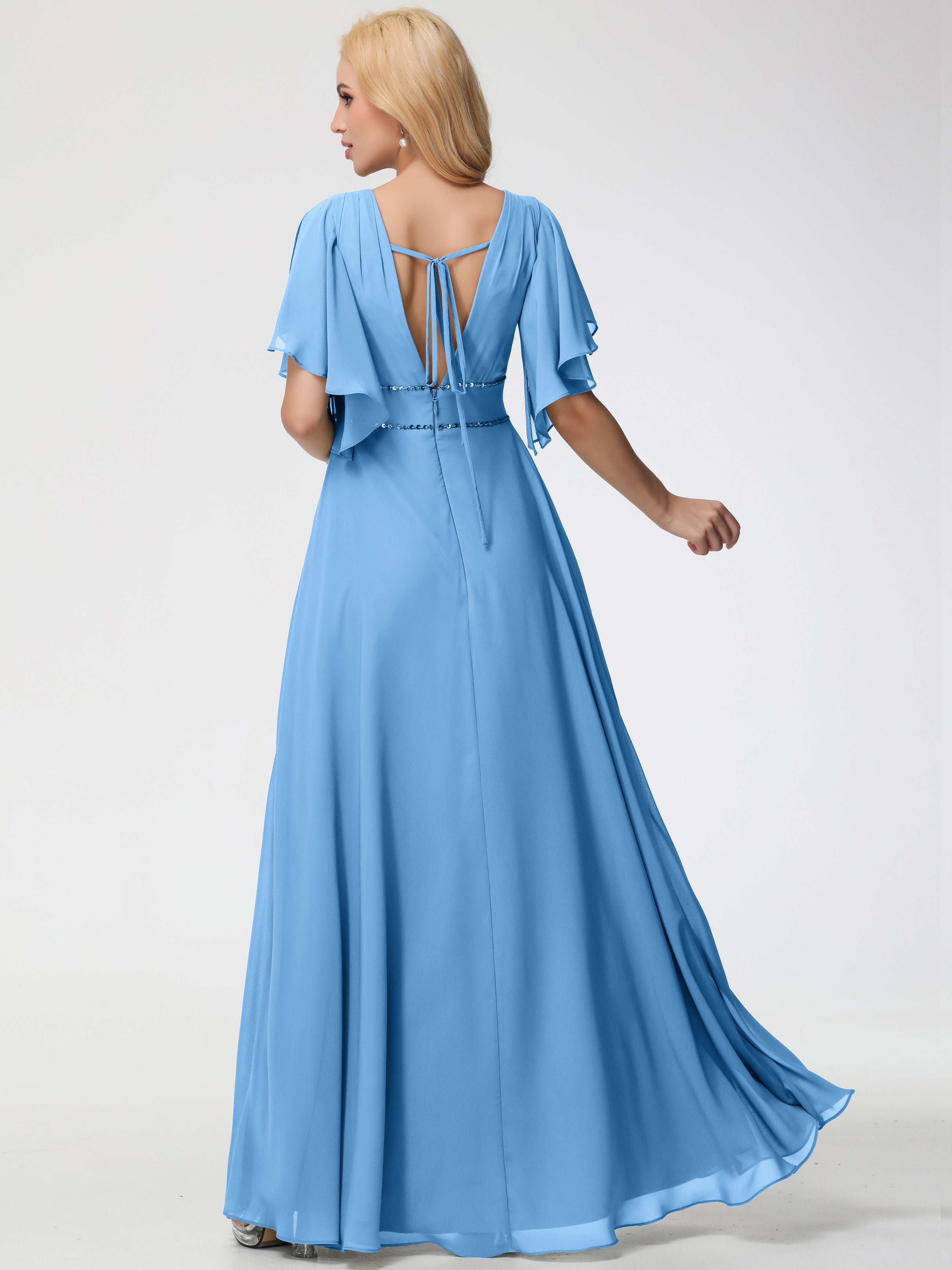 A-Line Sequins Sleeves Floor-Length Chiffon Bridesmaid Dresses