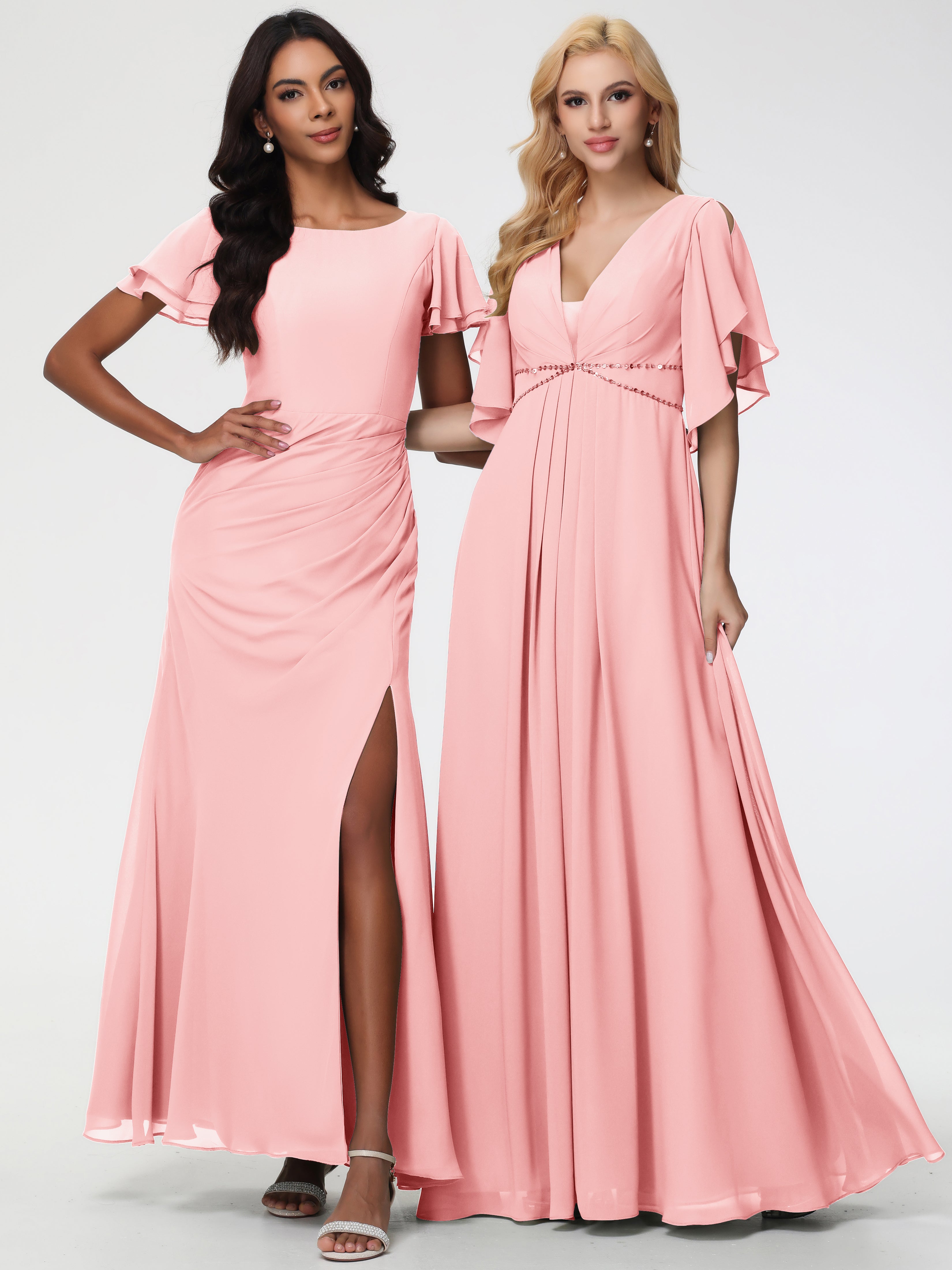 A-Line Sequins Sleeves Floor-Length Chiffon Bridesmaid Dresses