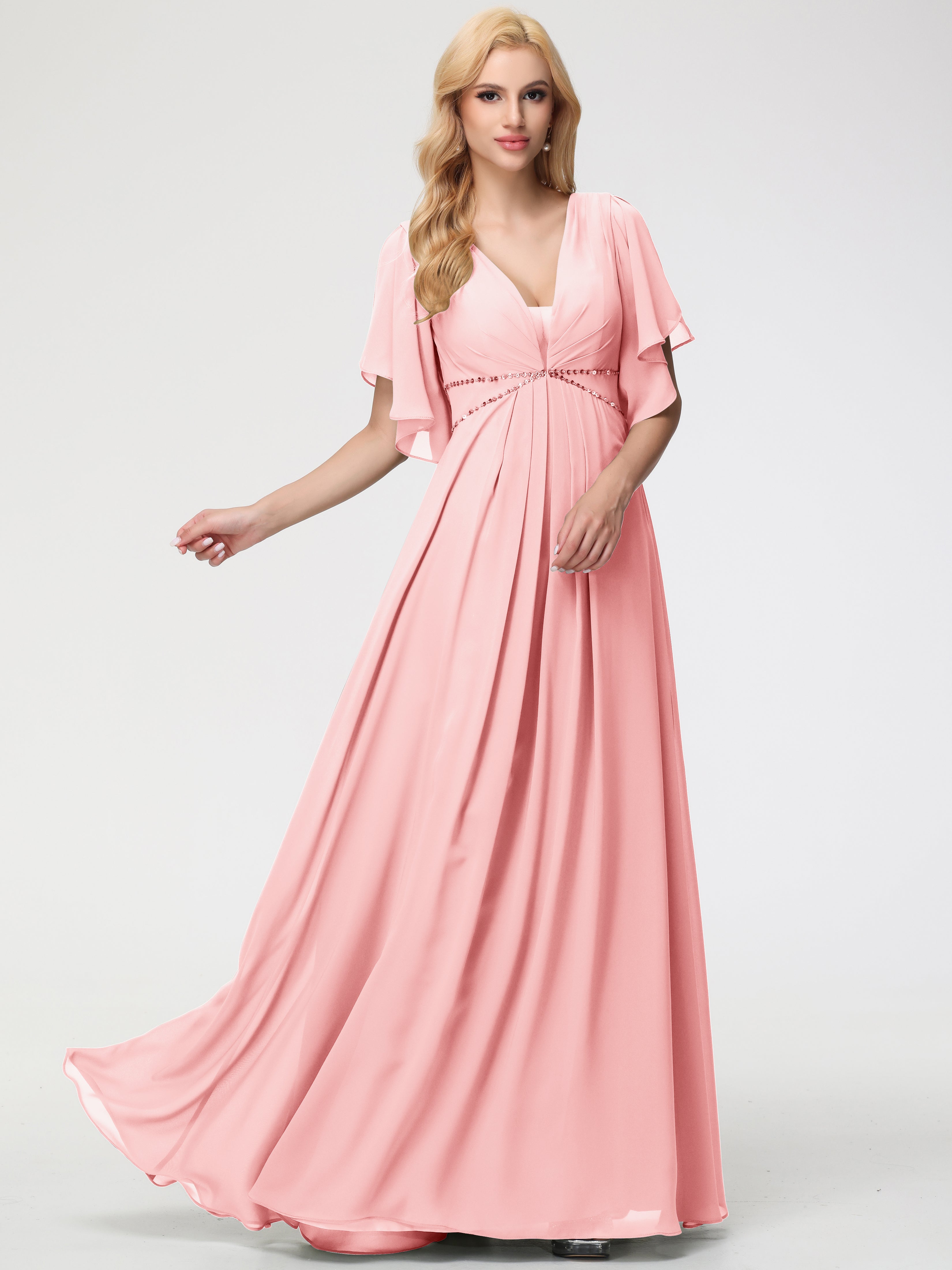 A-Line Sequins Sleeves Floor-Length Chiffon Bridesmaid Dresses