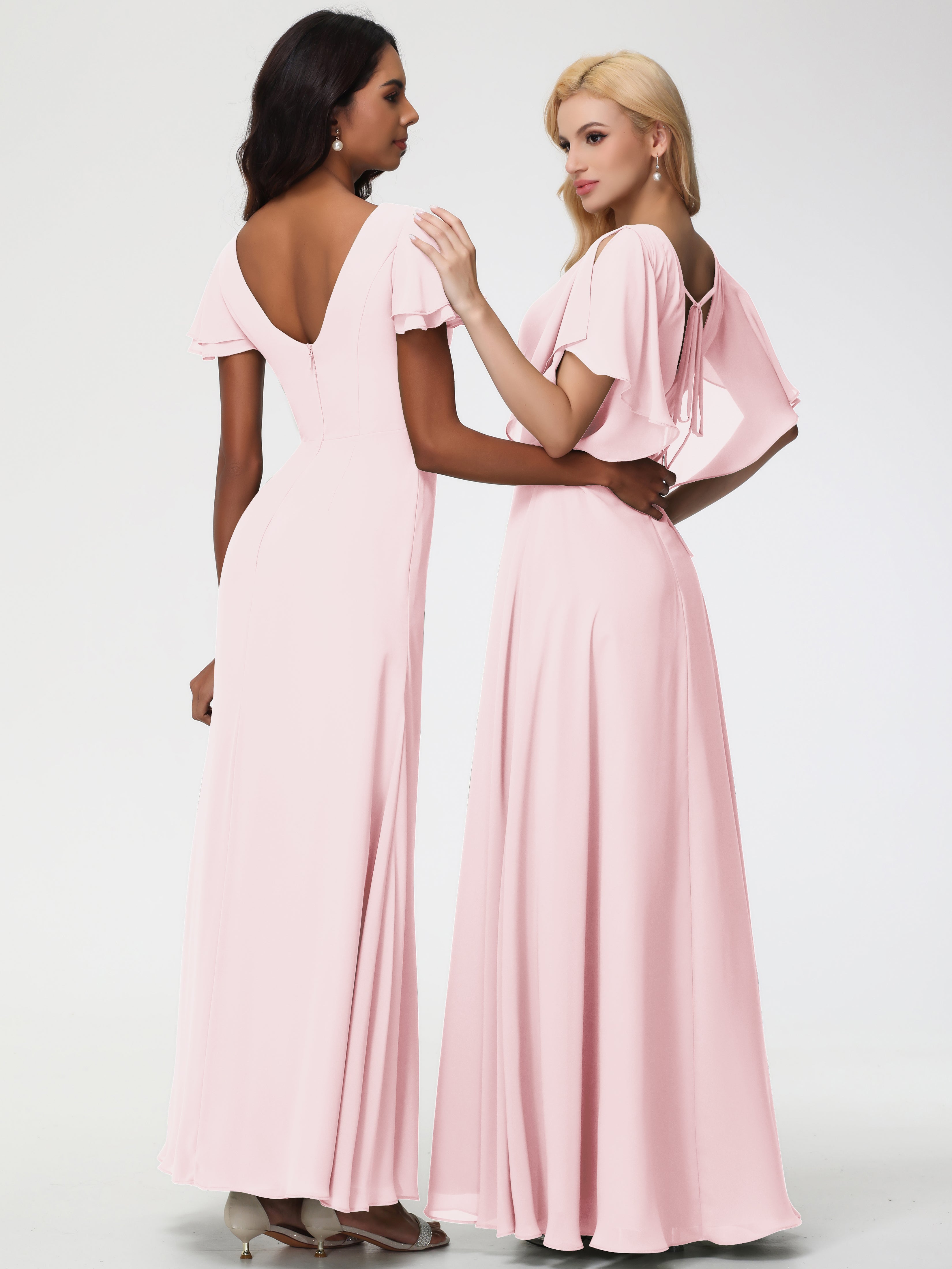 A-Line Sequins Sleeves Floor-Length Chiffon Bridesmaid Dresses