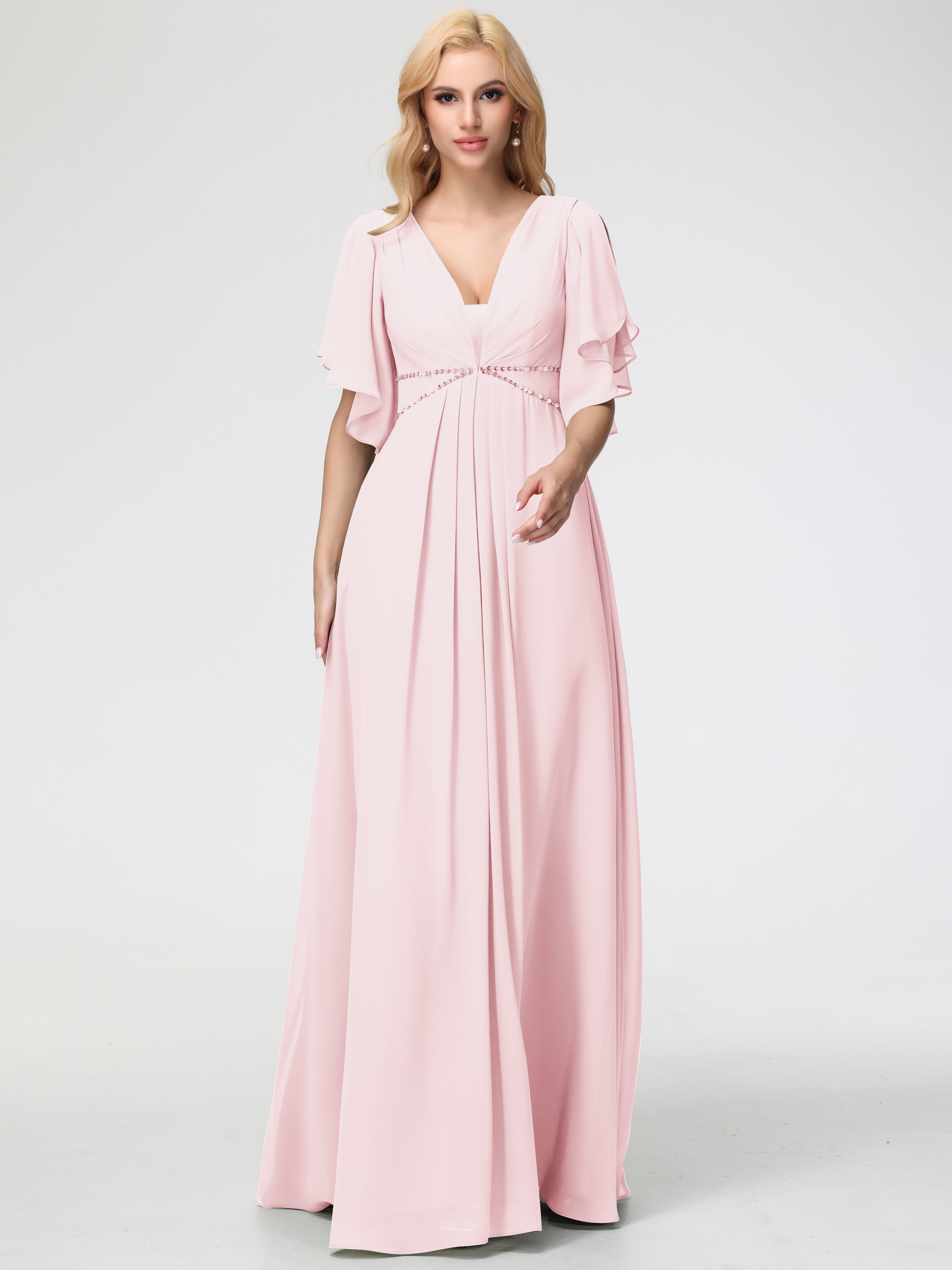 A-Line Sequins Sleeves Floor-Length Chiffon Bridesmaid Dresses