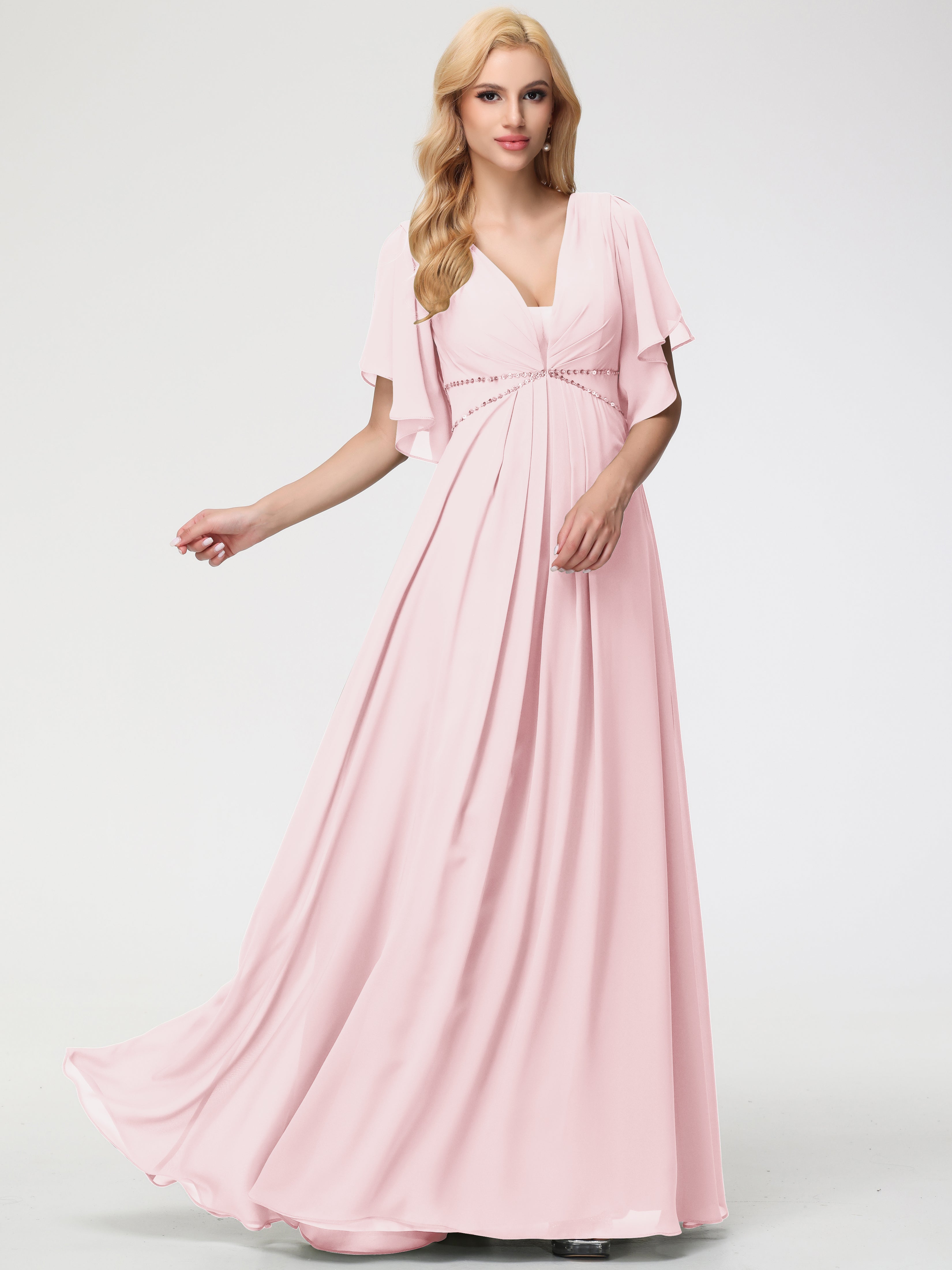 A-Line Sequins Sleeves Floor-Length Chiffon Bridesmaid Dresses