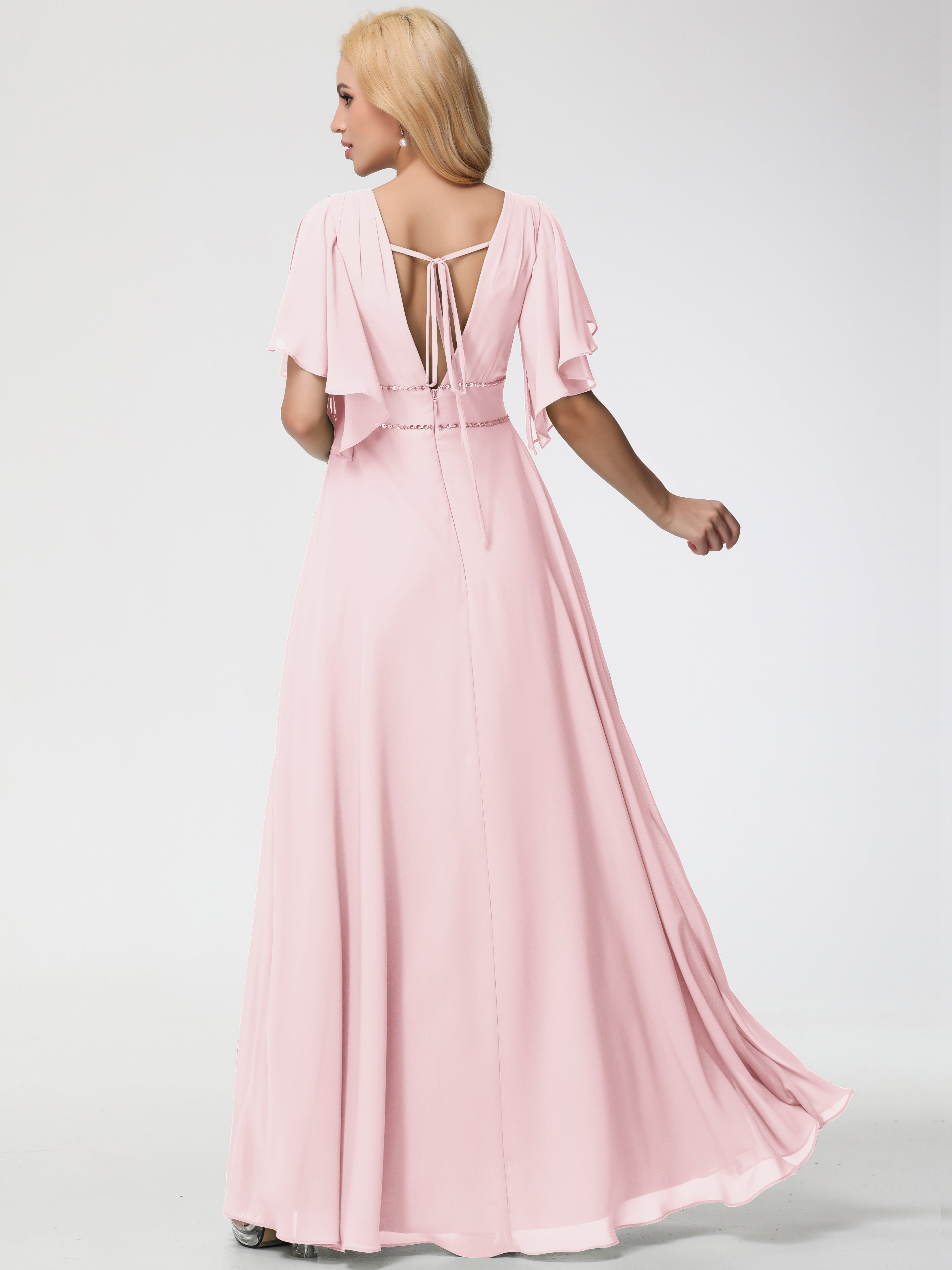 A-Line Sequins Sleeves Floor-Length Chiffon Bridesmaid Dresses