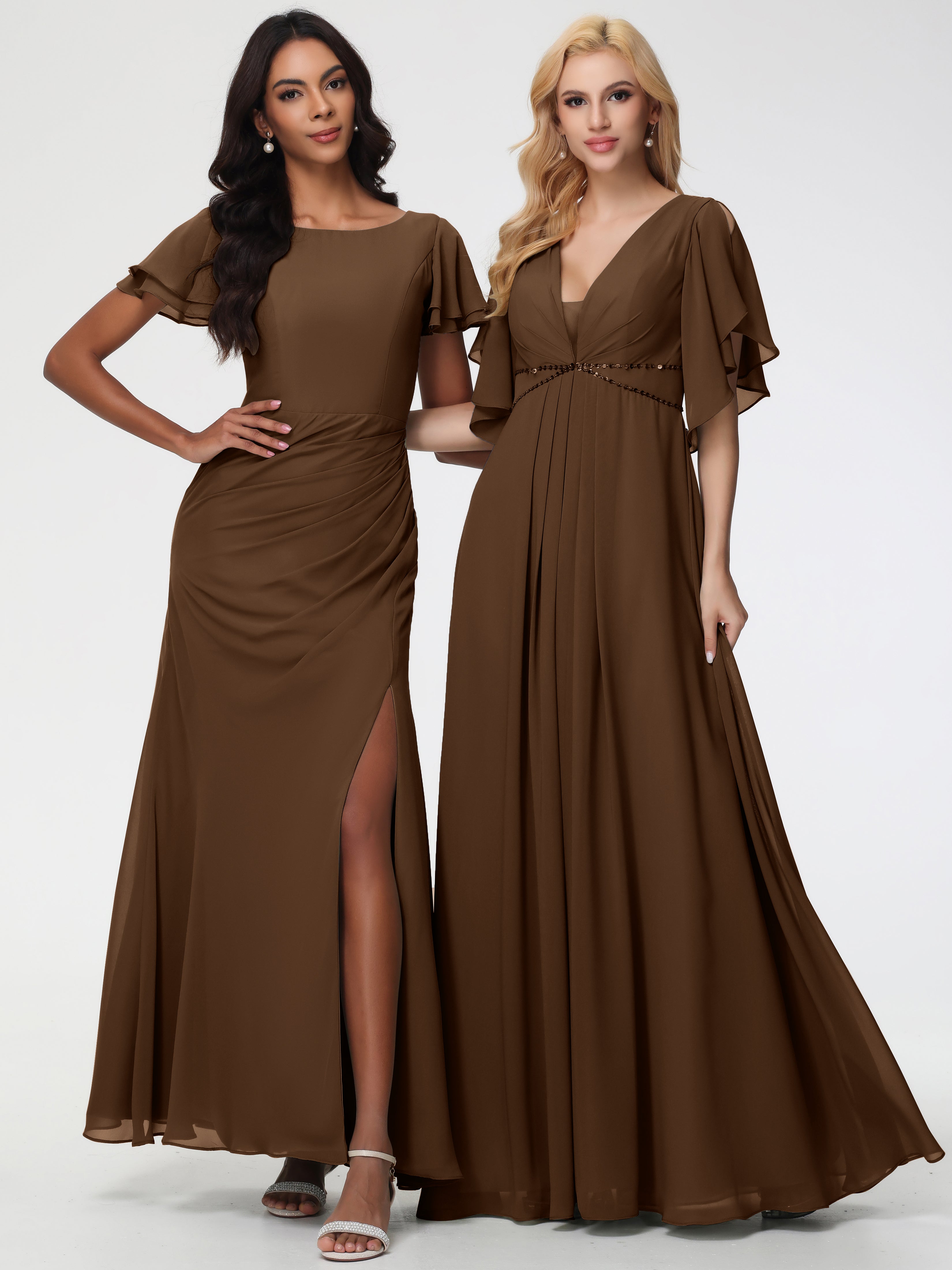 A-Line Sequins Sleeves Floor-Length Chiffon Bridesmaid Dresses