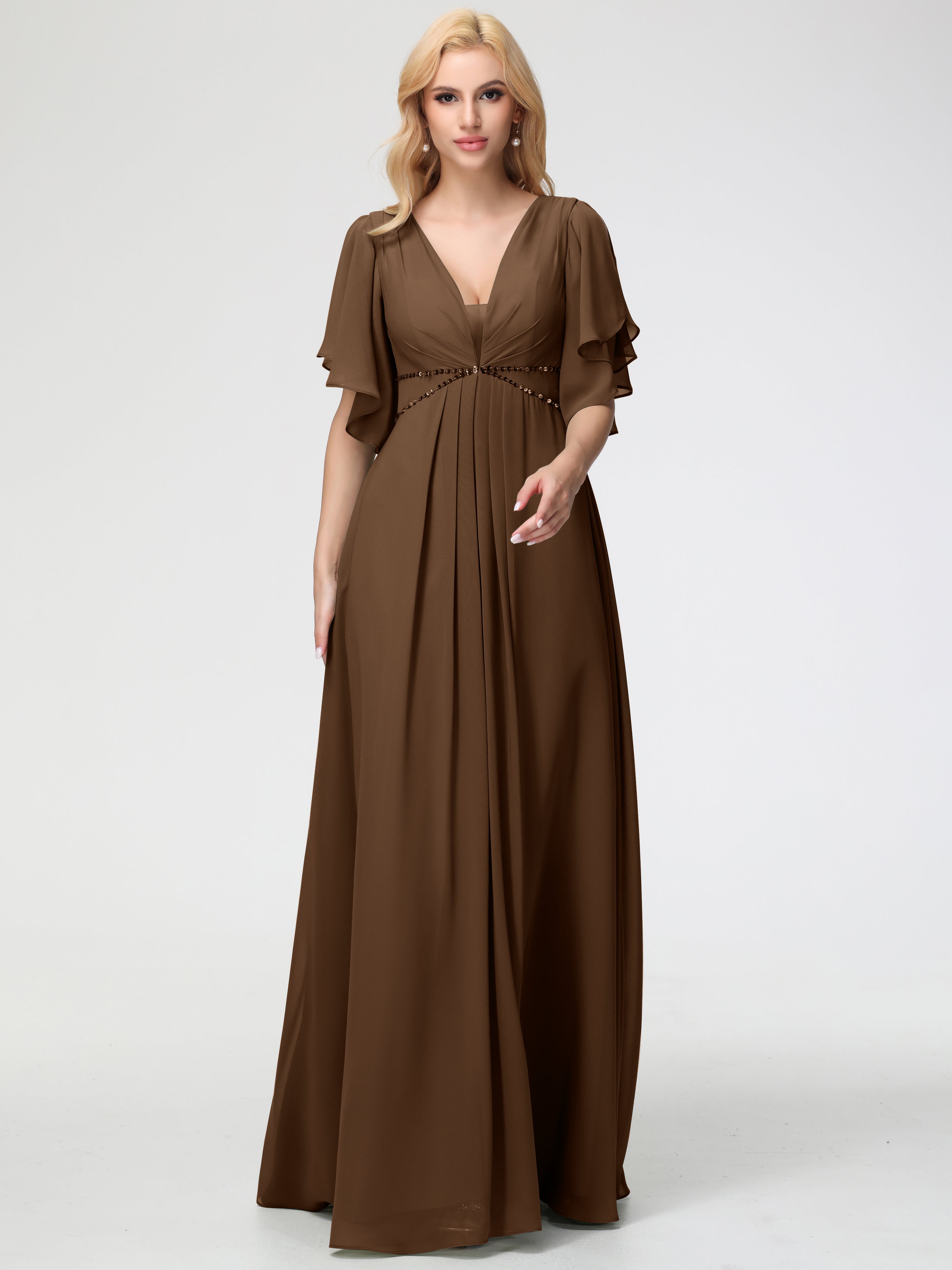 A-Line Sequins Sleeves Floor-Length Chiffon Bridesmaid Dresses