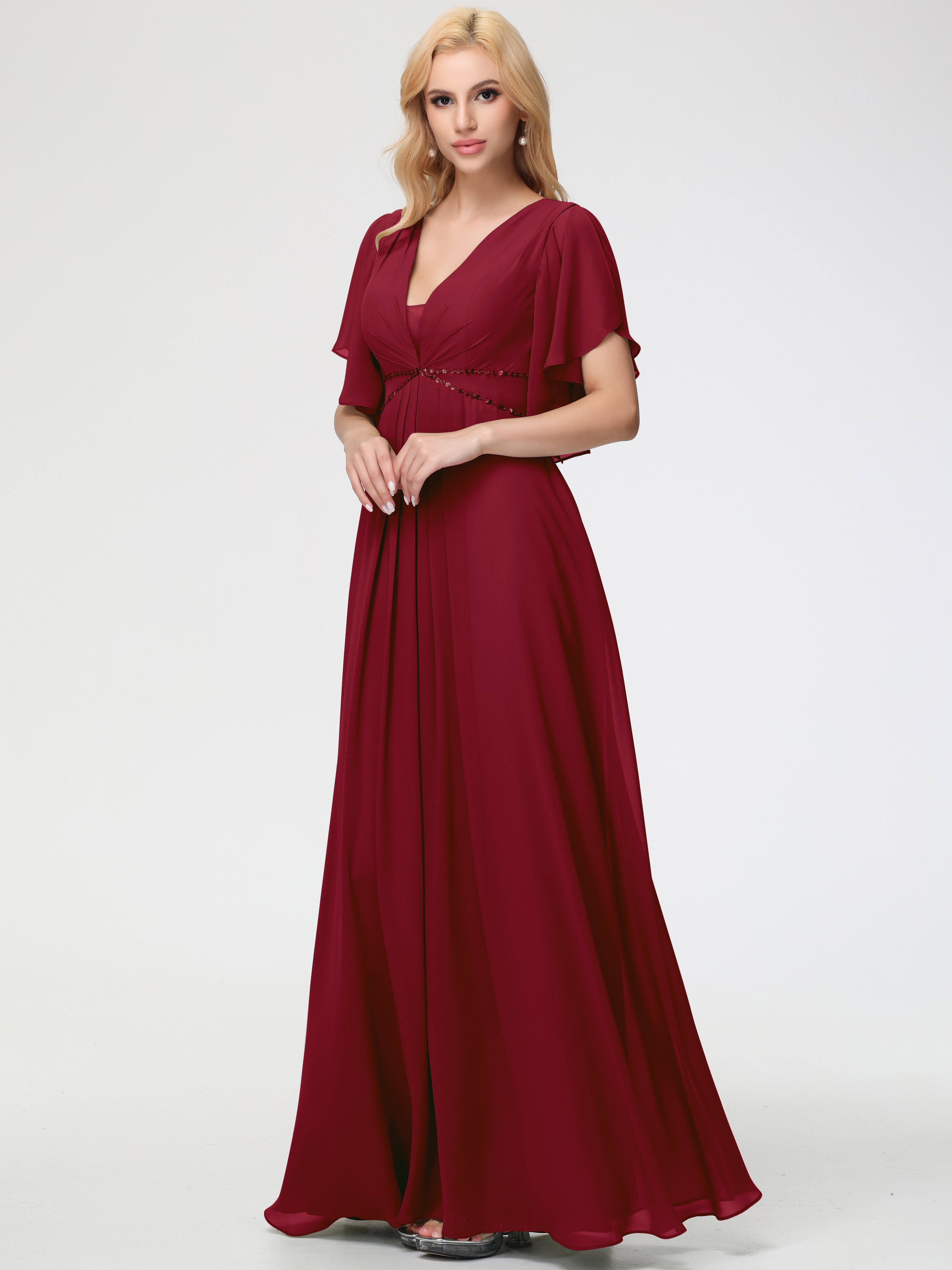 A-Line Sequins Sleeves Floor-Length Chiffon Bridesmaid Dresses