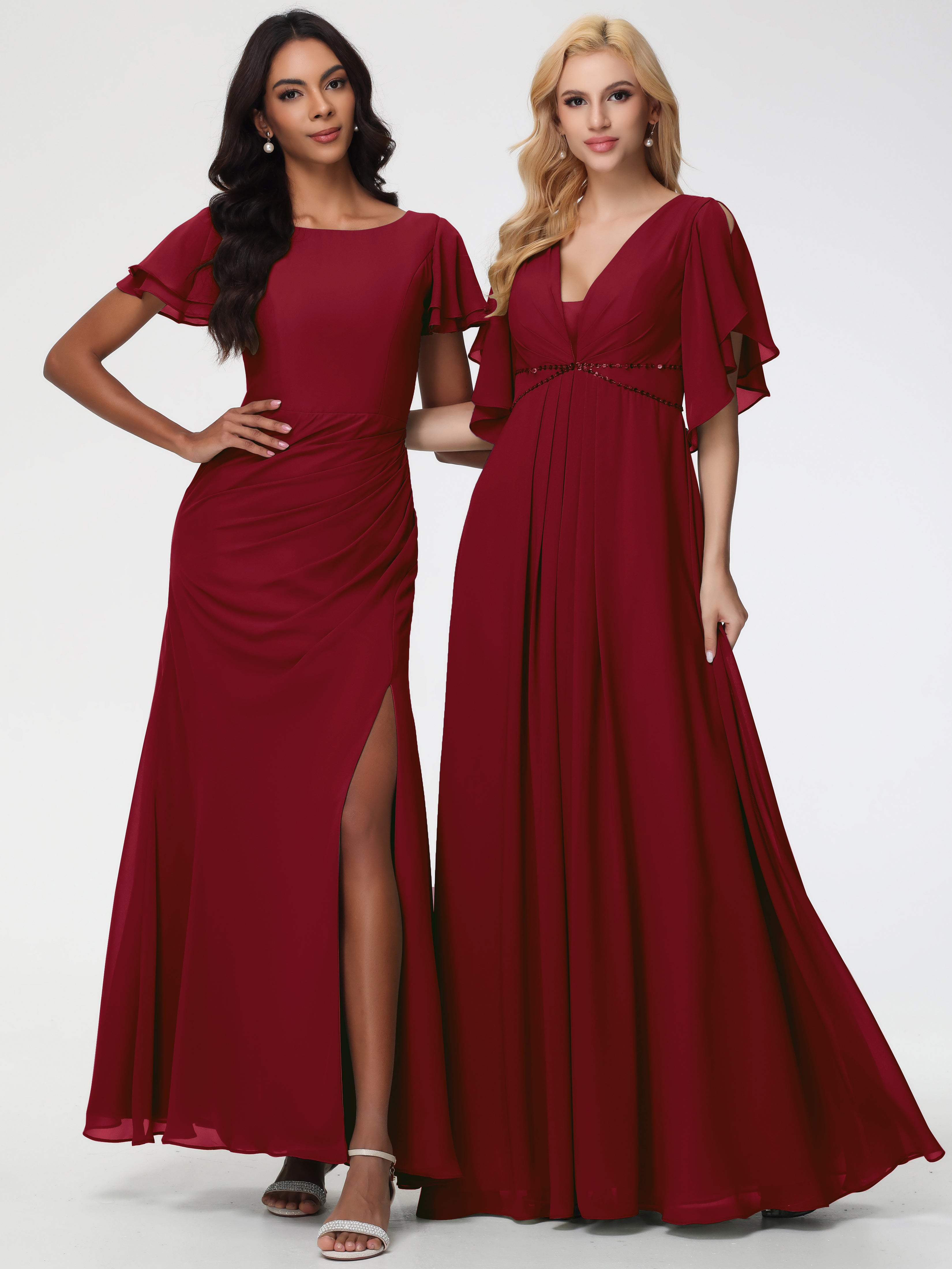 A-Line Sequins Sleeves Floor-Length Chiffon Bridesmaid Dresses
