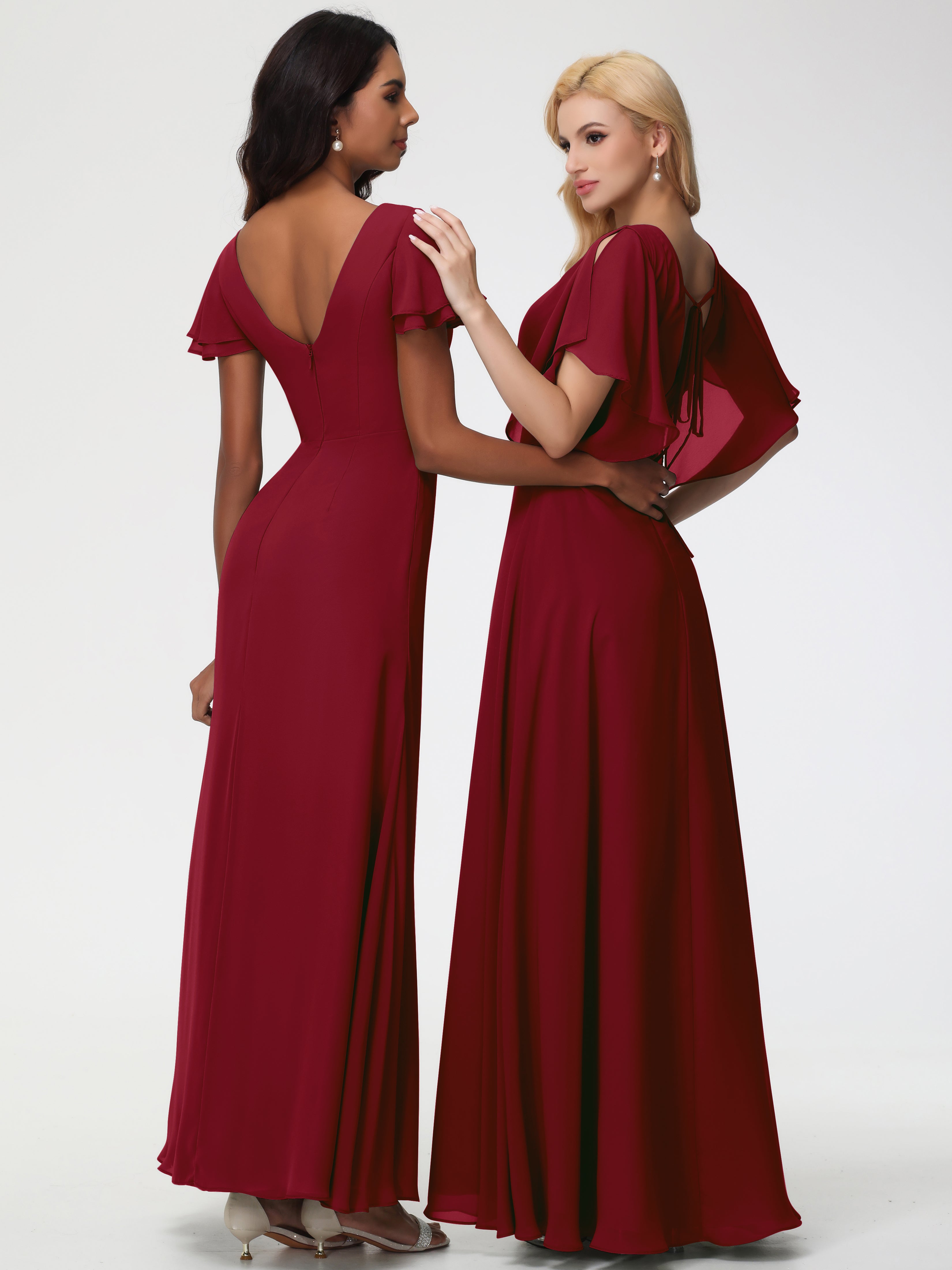 A-Line Sequins Sleeves Floor-Length Chiffon Bridesmaid Dresses