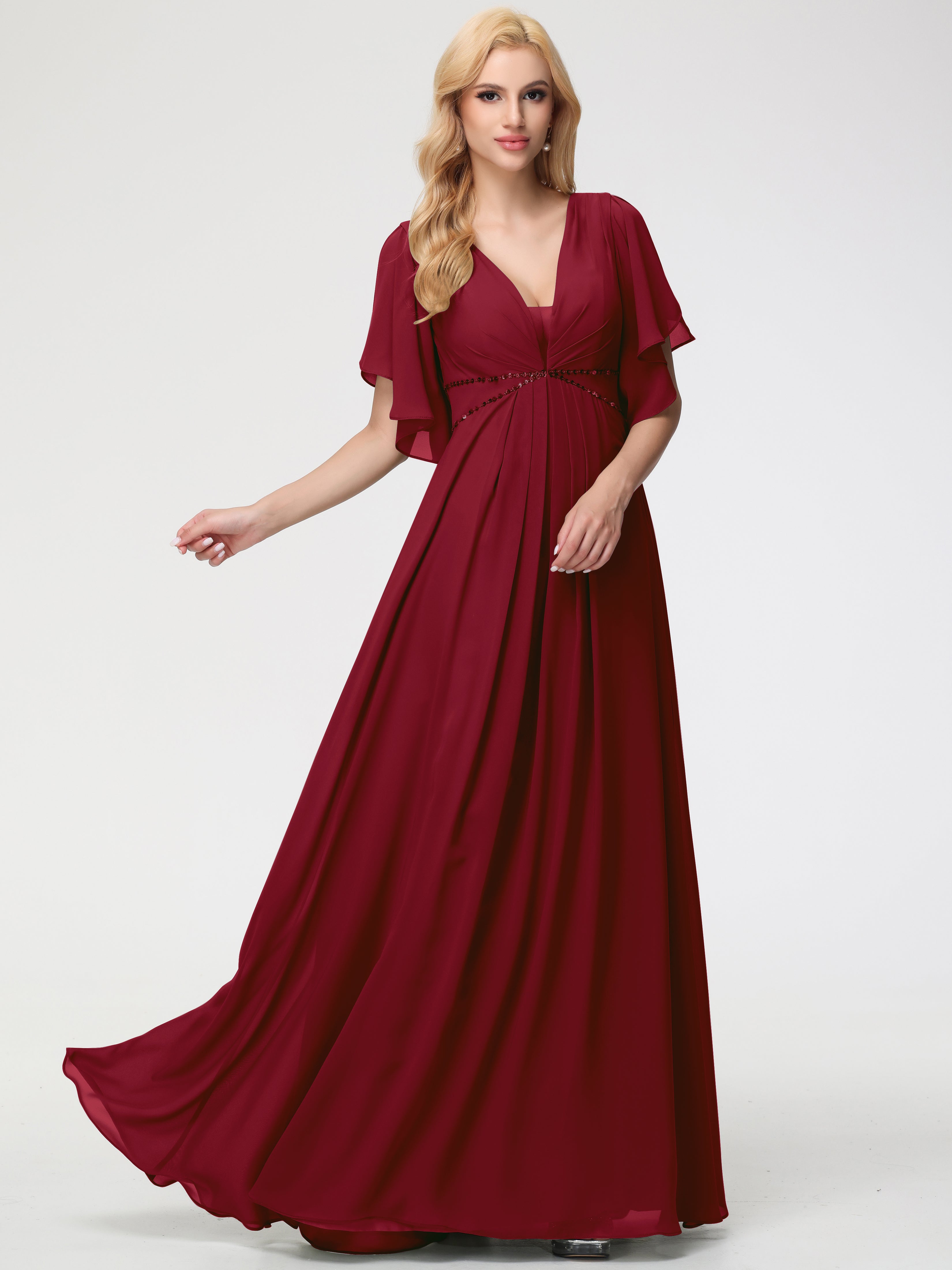 A-Line Sequins Sleeves Floor-Length Chiffon Bridesmaid Dresses