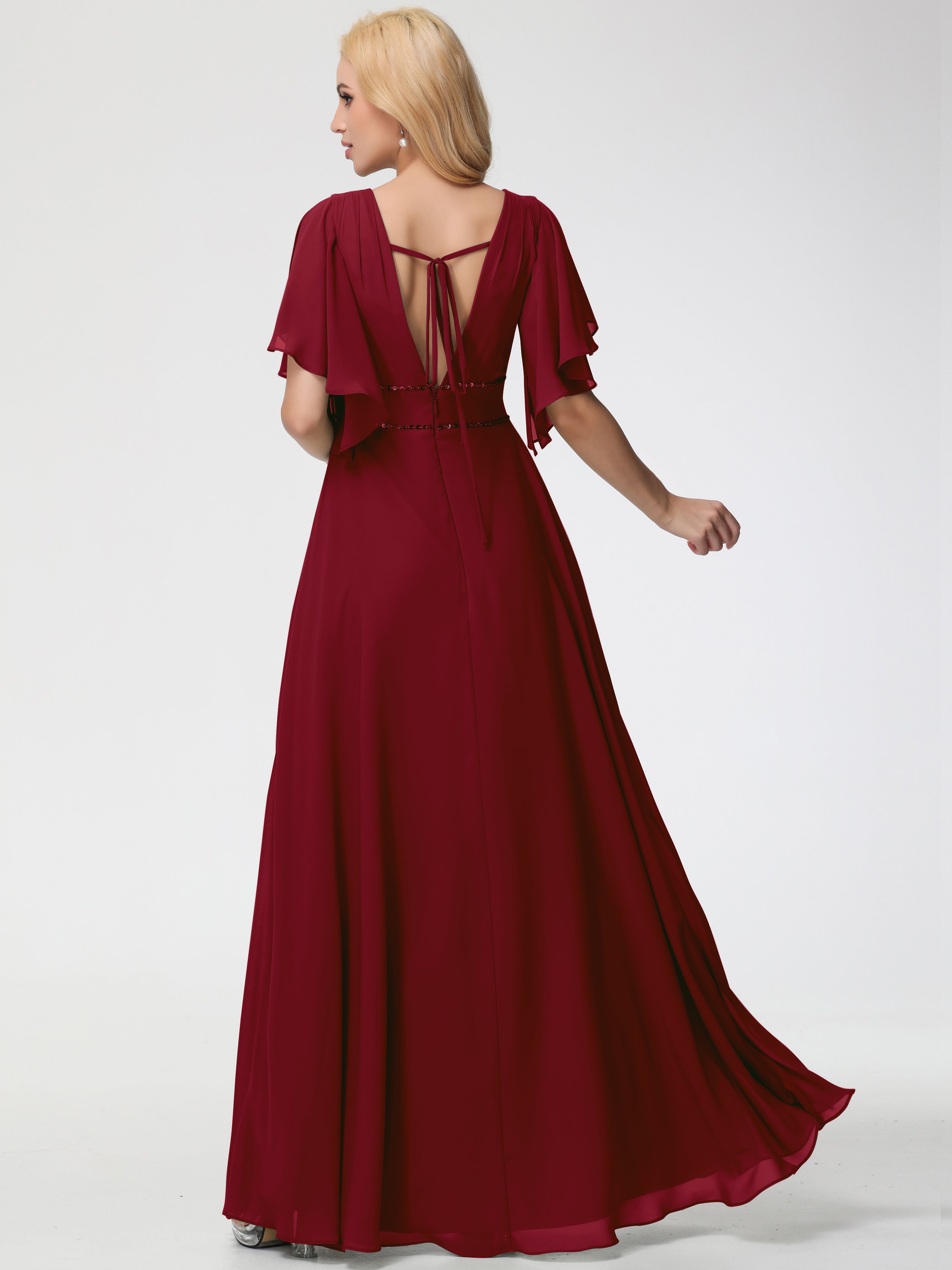 A-Line Sequins Sleeves Floor-Length Chiffon Bridesmaid Dresses
