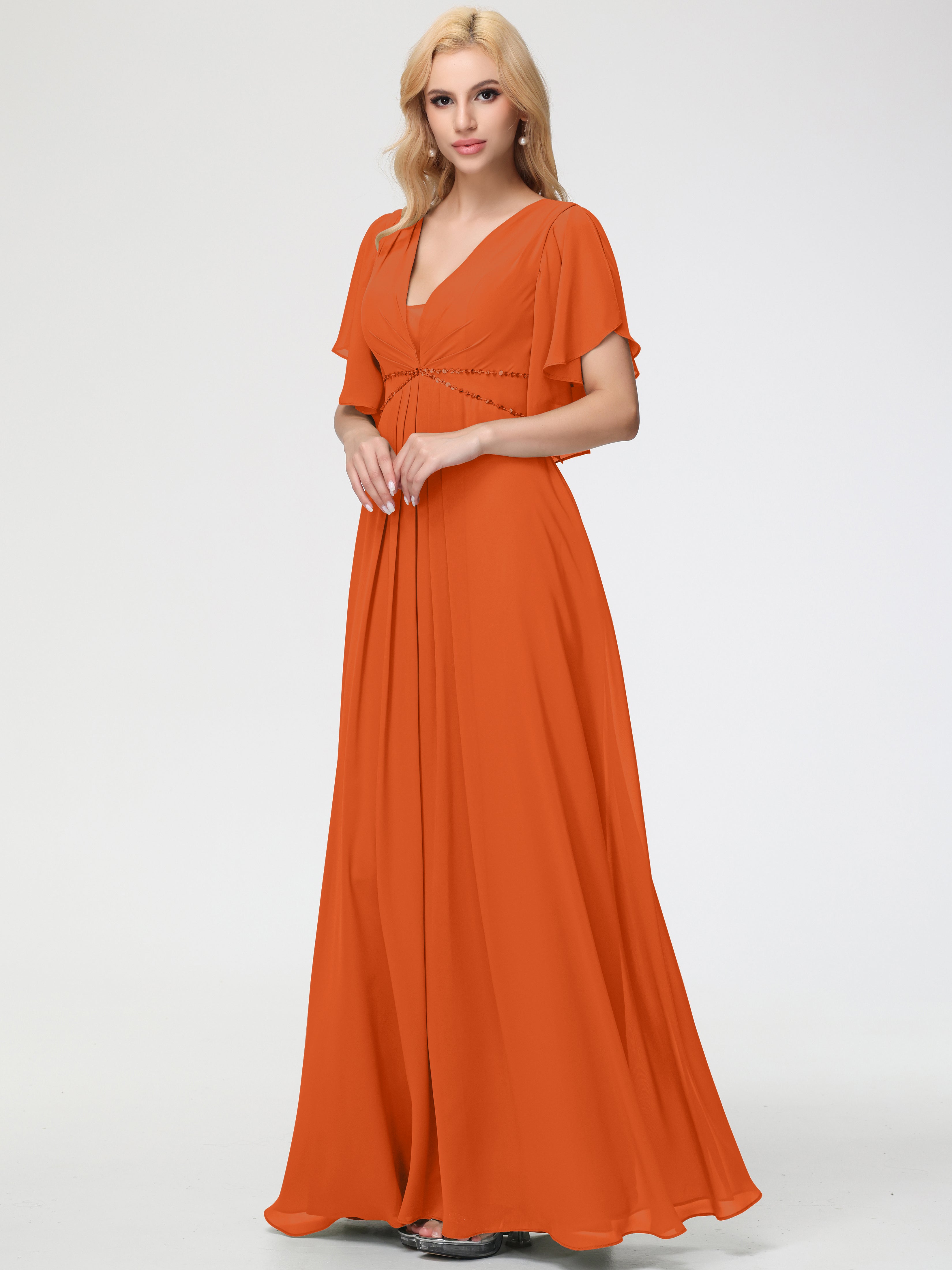 A-Line Sequins Sleeves Floor-Length Chiffon Bridesmaid Dresses
