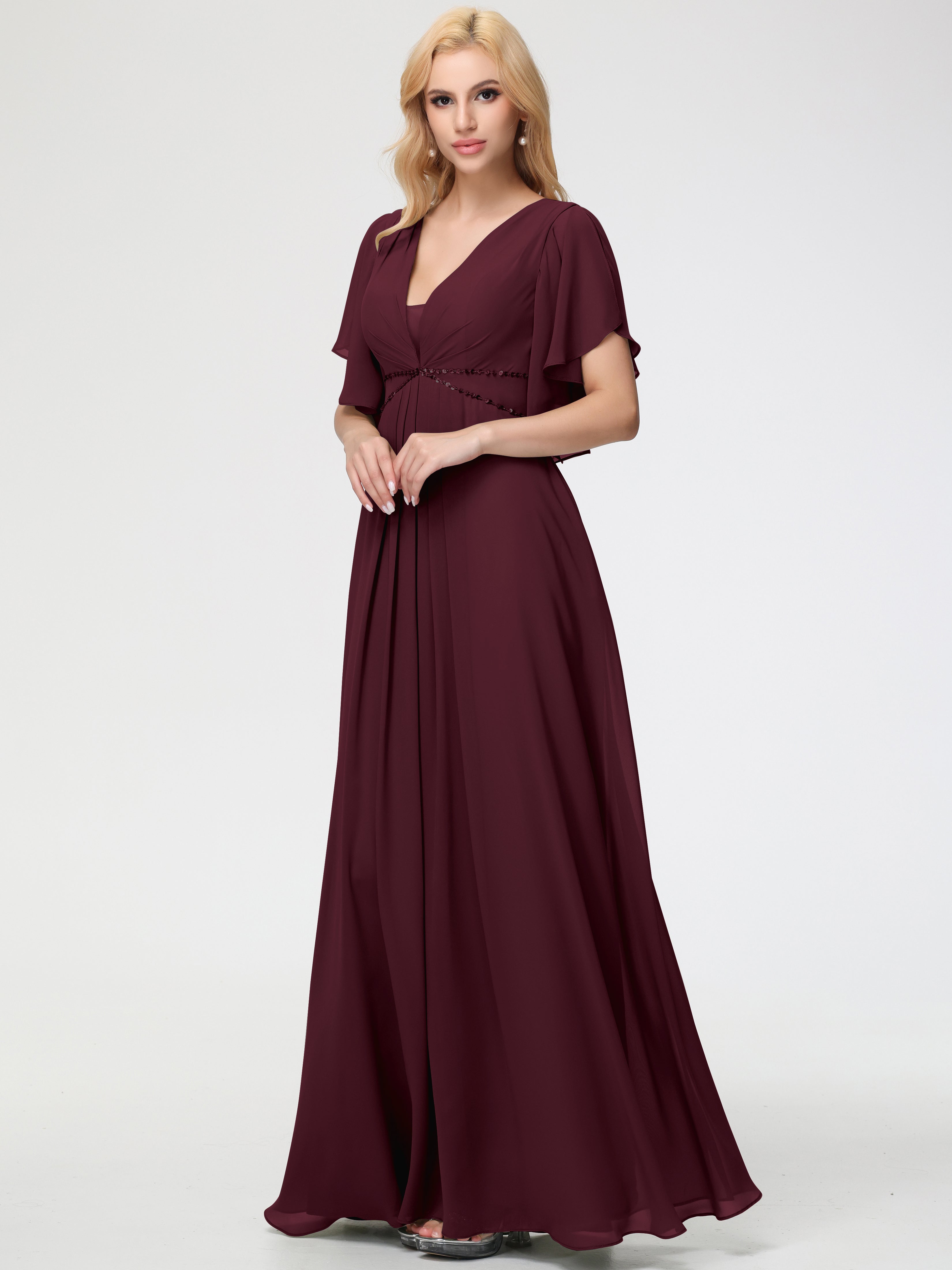 A-Line Sequins Sleeves Floor-Length Chiffon Bridesmaid Dresses