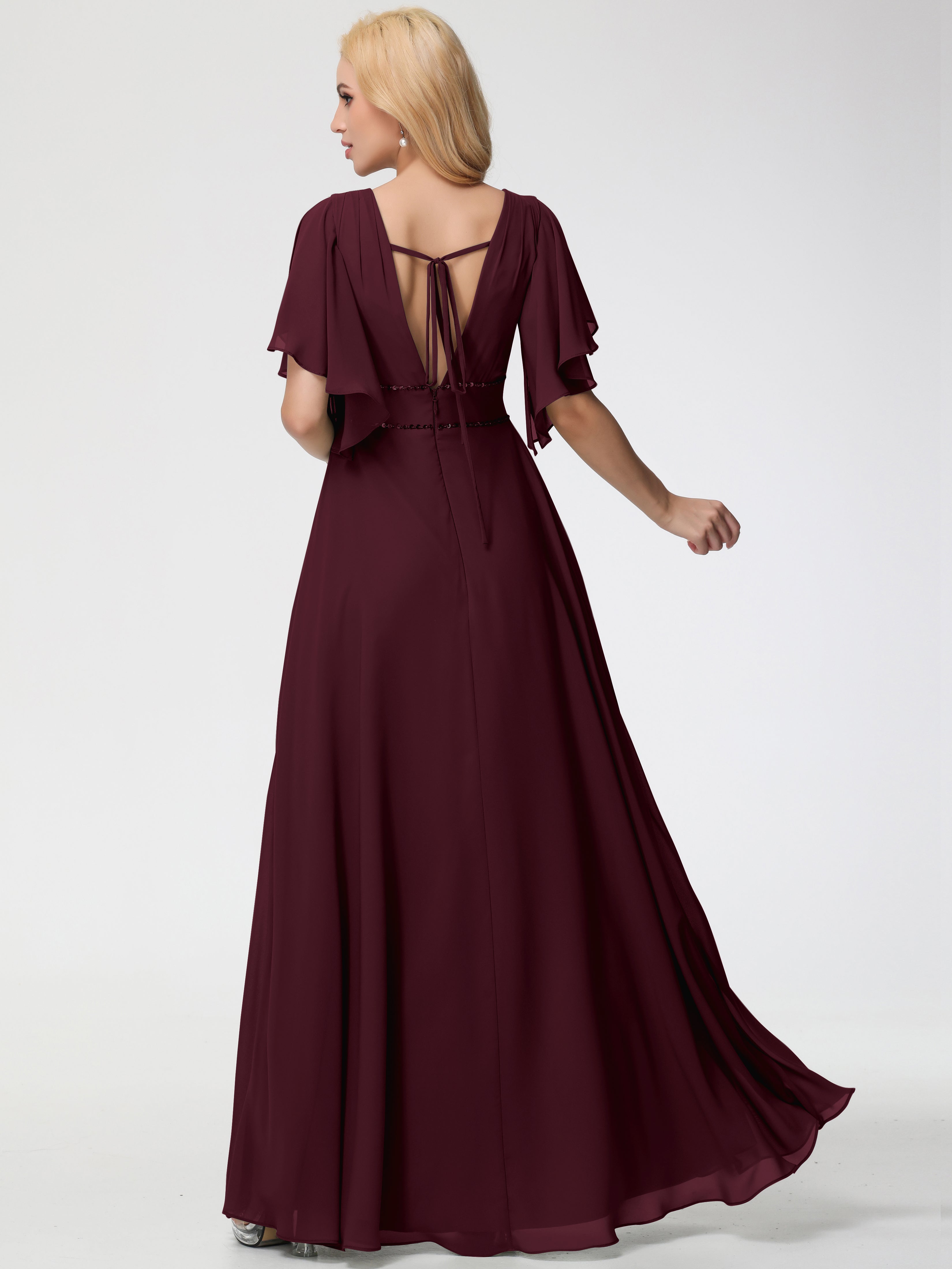 A-Line Sequins Sleeves Floor-Length Chiffon Bridesmaid Dresses