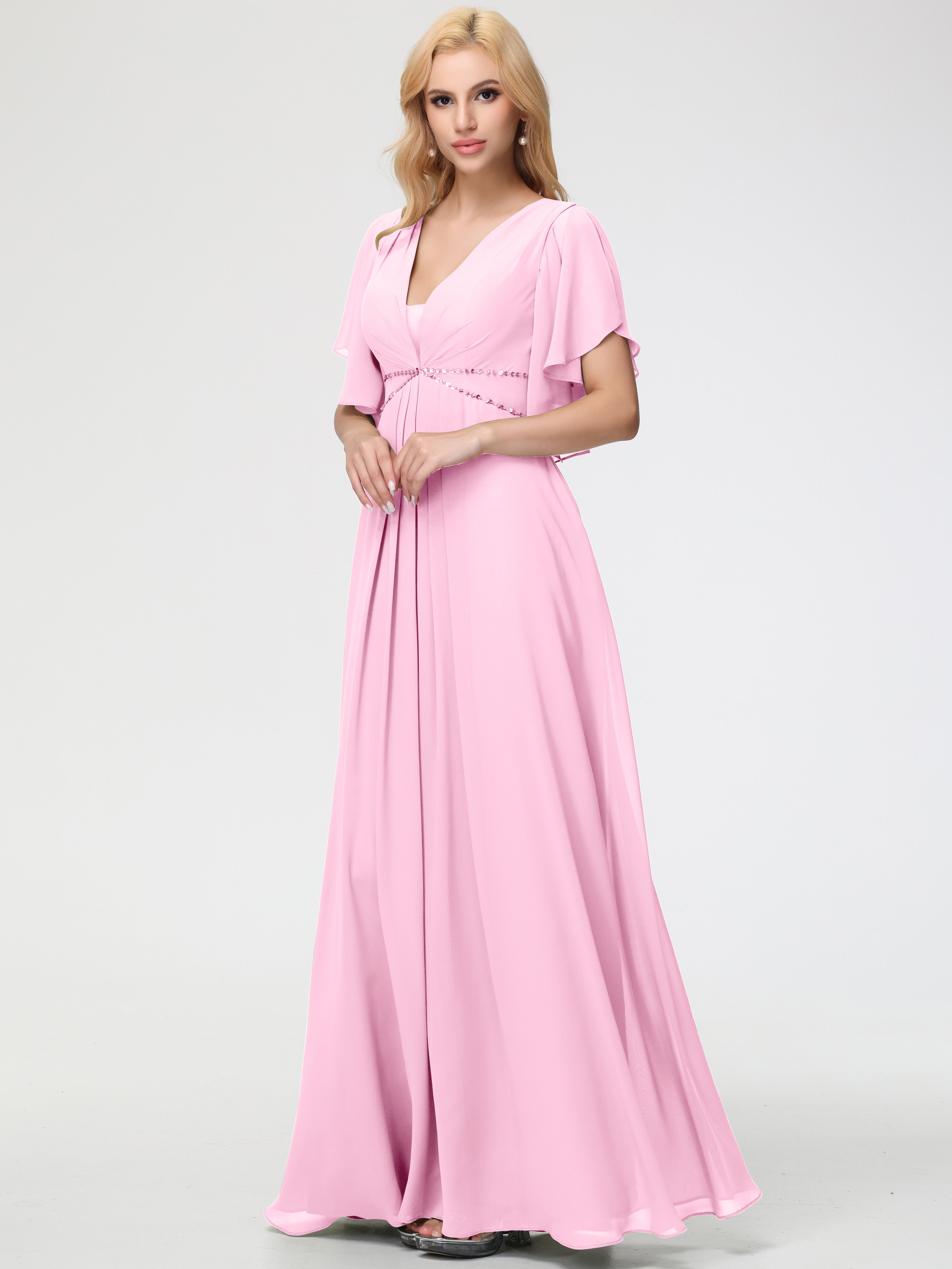 A-Line Sequins Sleeves Floor-Length Chiffon Bridesmaid Dresses