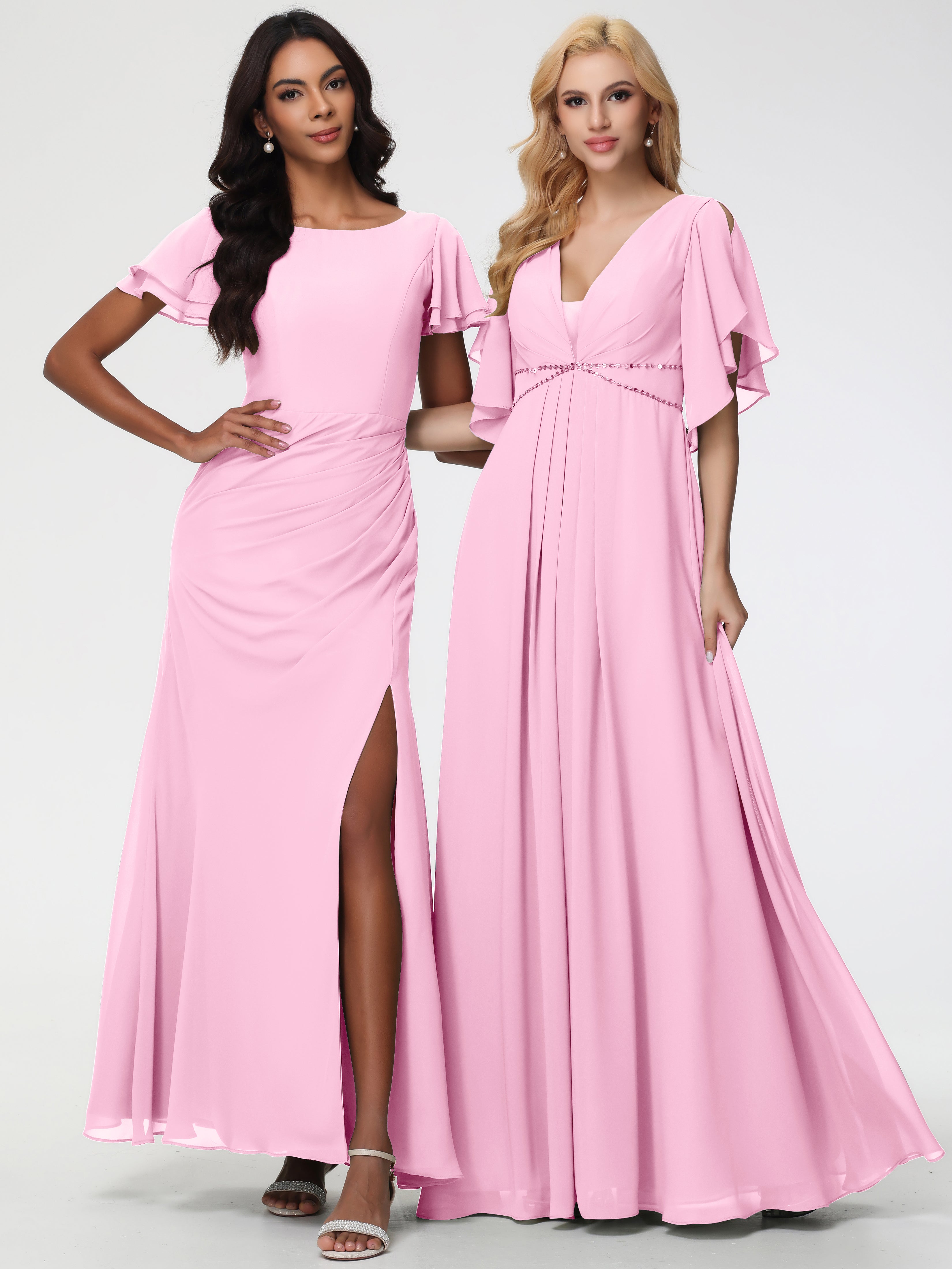 A-Line Sequins Sleeves Floor-Length Chiffon Bridesmaid Dresses