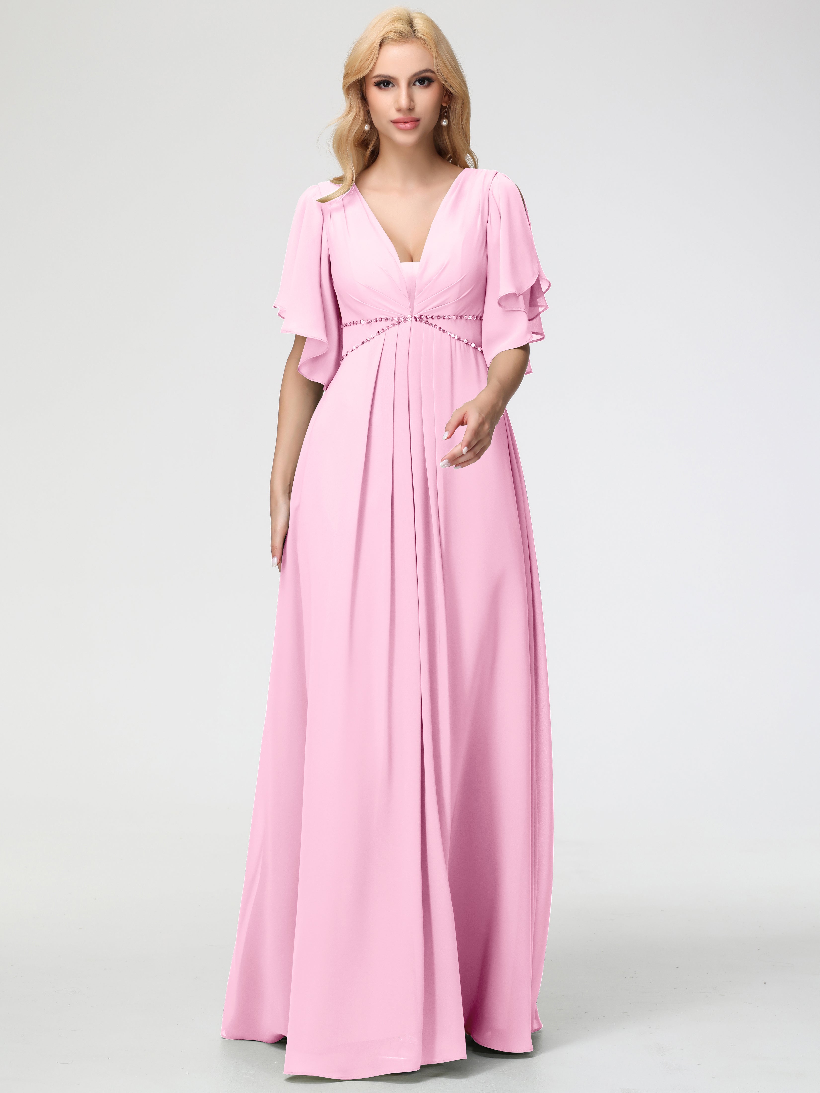 A-Line Sequins Sleeves Floor-Length Chiffon Bridesmaid Dresses