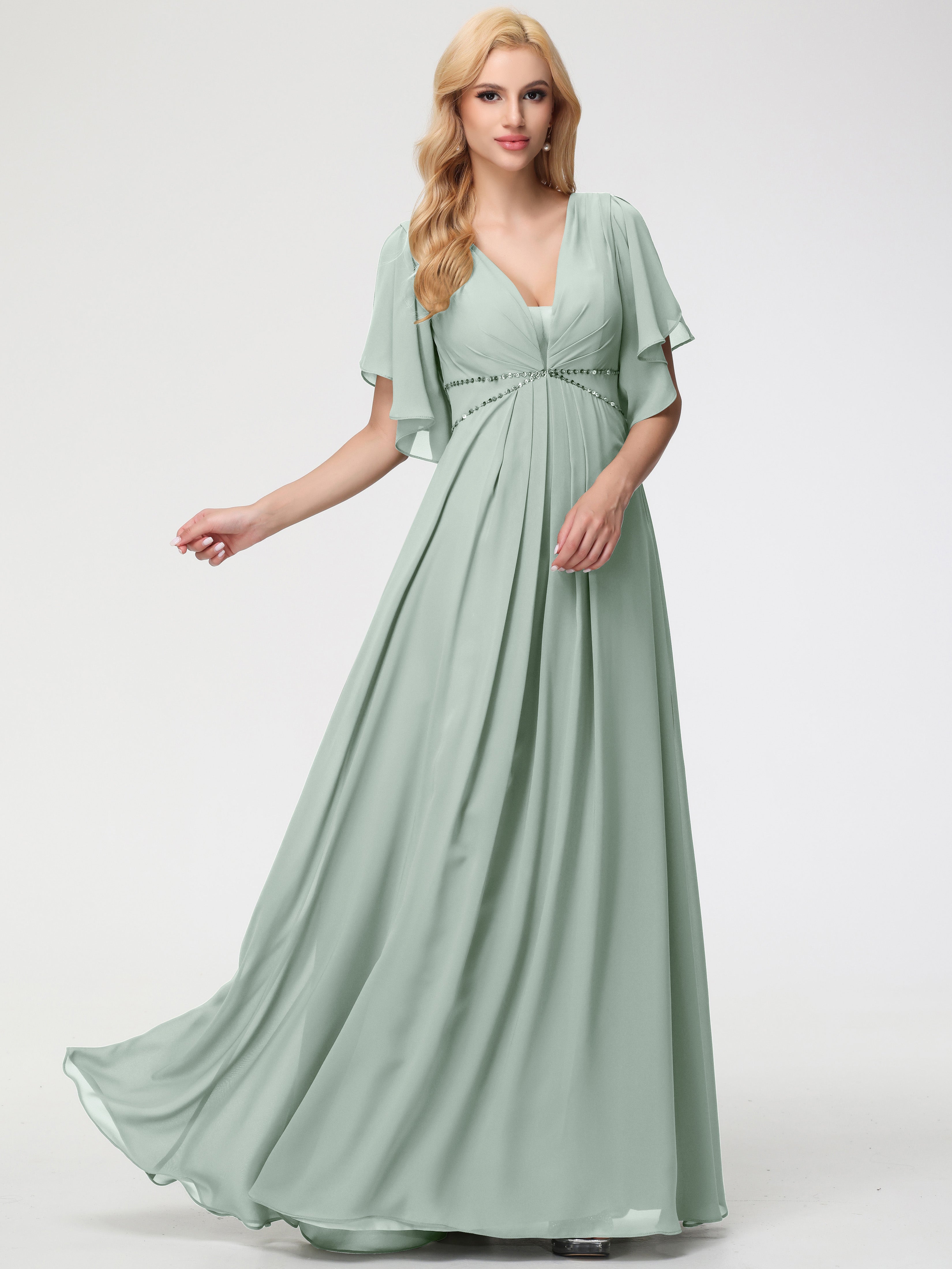 A-Line Sequins Sleeves Floor-Length Chiffon Bridesmaid Dresses