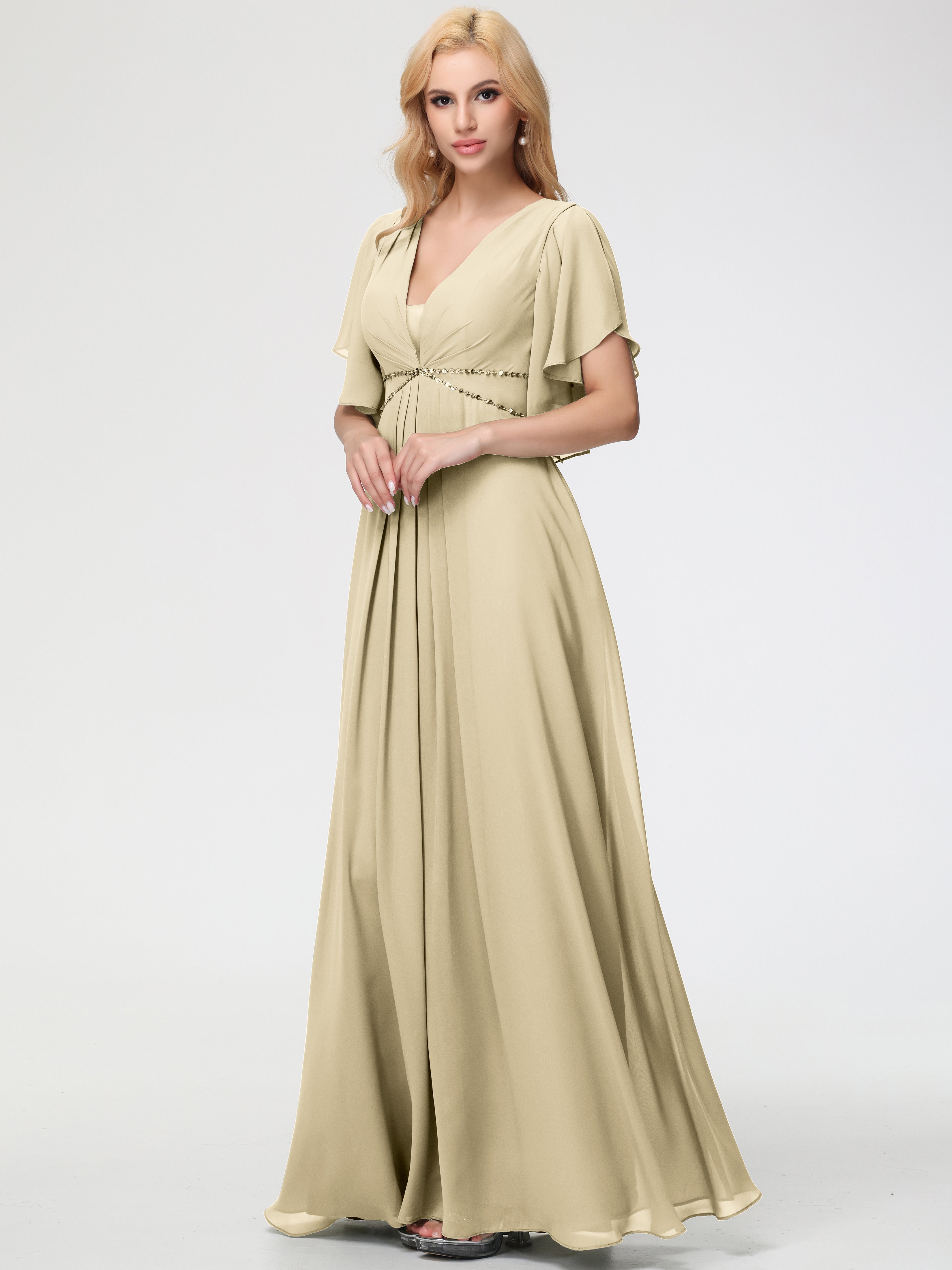 A-Line Sequins Sleeves Floor-Length Chiffon Bridesmaid Dresses