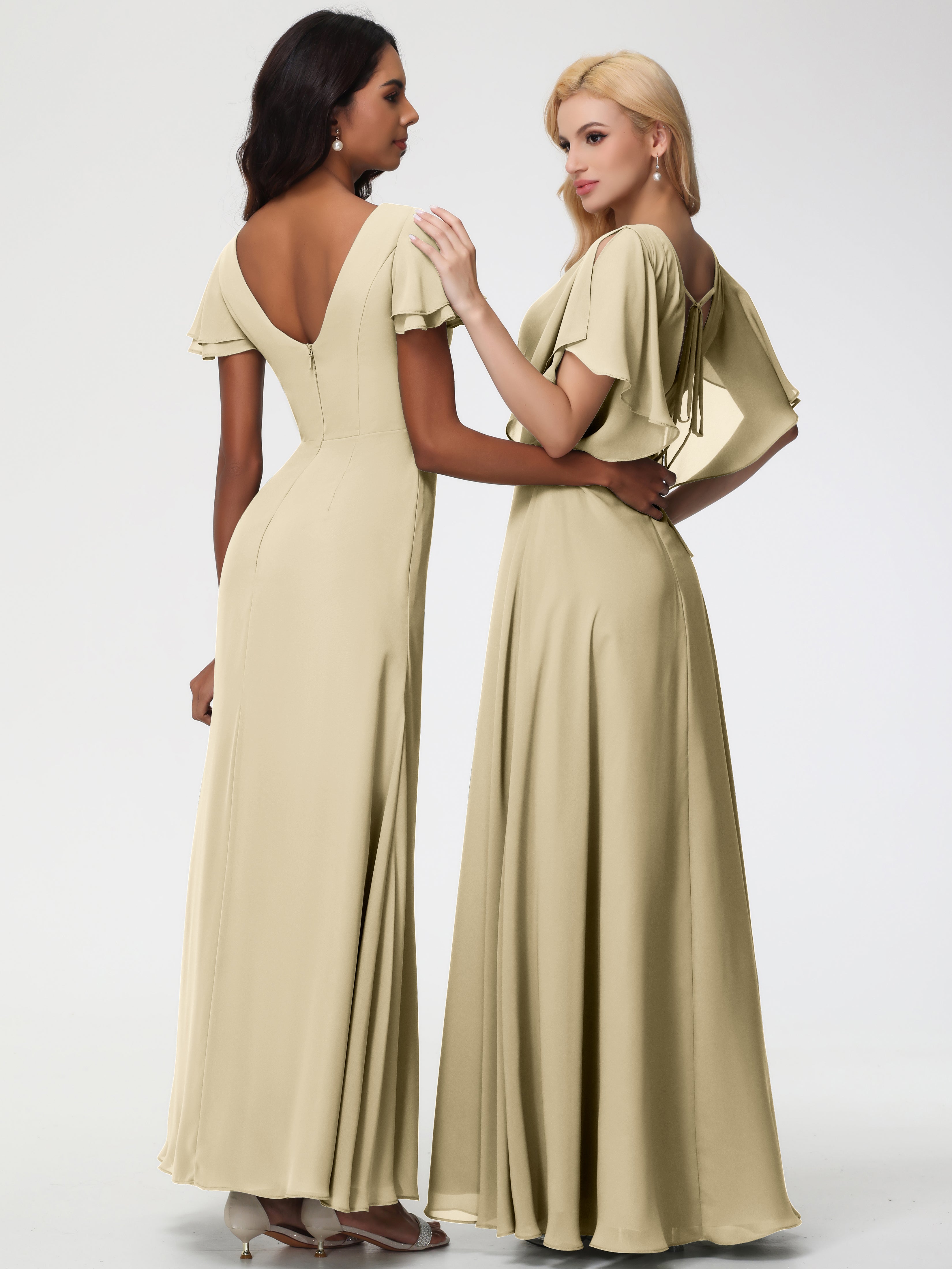 A-Line Sequins Sleeves Floor-Length Chiffon Bridesmaid Dresses