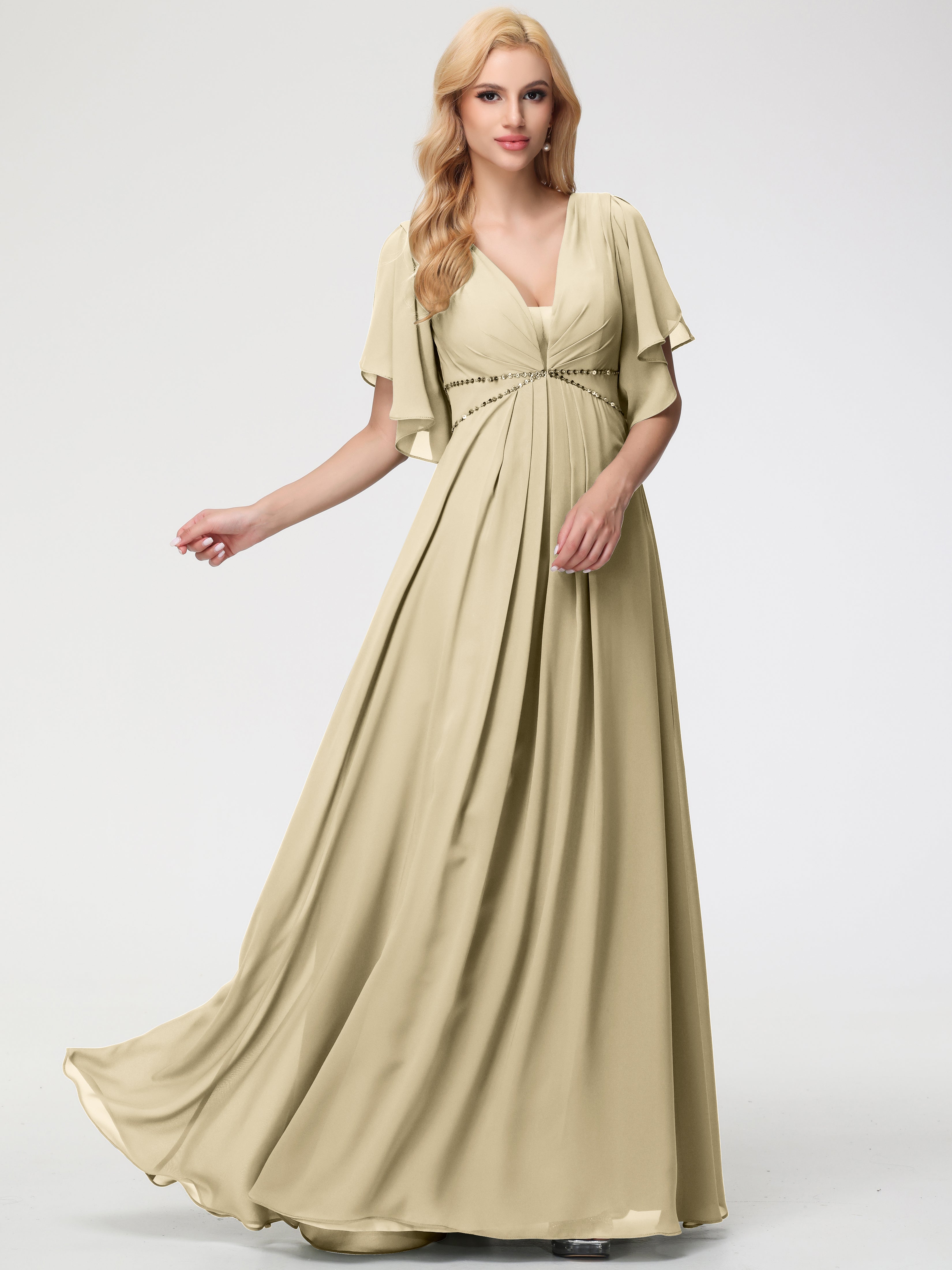 A-Line Sequins Sleeves Floor-Length Chiffon Bridesmaid Dresses