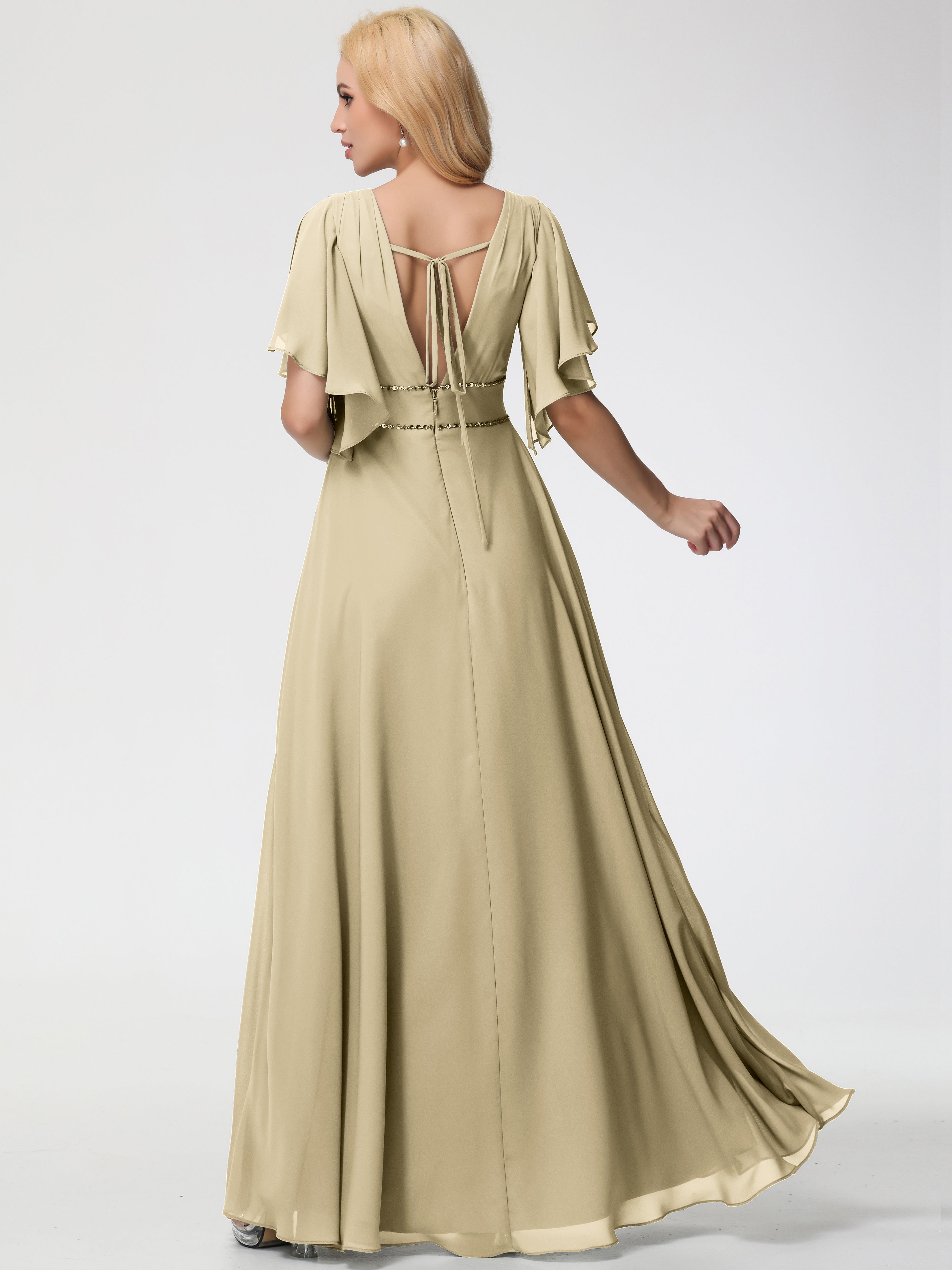 A-Line Sequins Sleeves Floor-Length Chiffon Bridesmaid Dresses