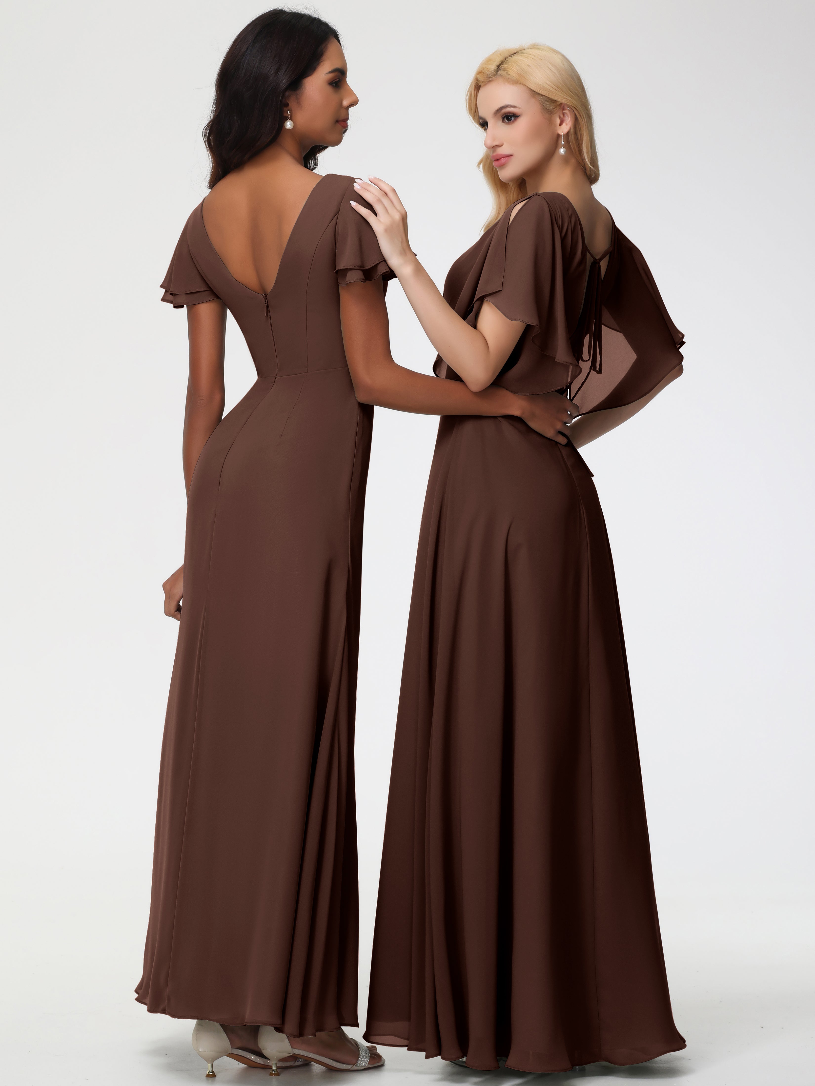 A-Line Sequins Sleeves Floor-Length Chiffon Bridesmaid Dresses