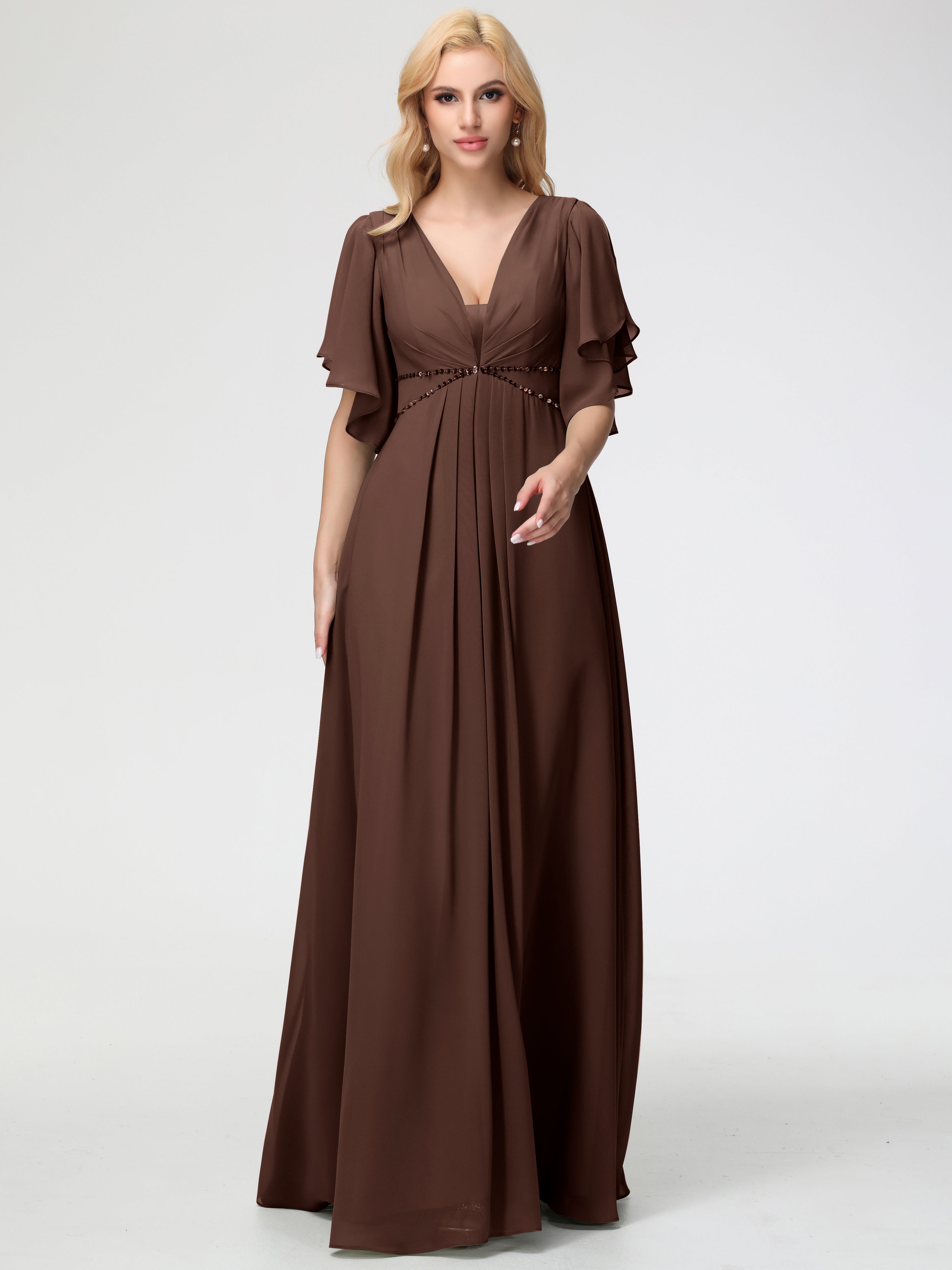 A-Line Sequins Sleeves Floor-Length Chiffon Bridesmaid Dresses