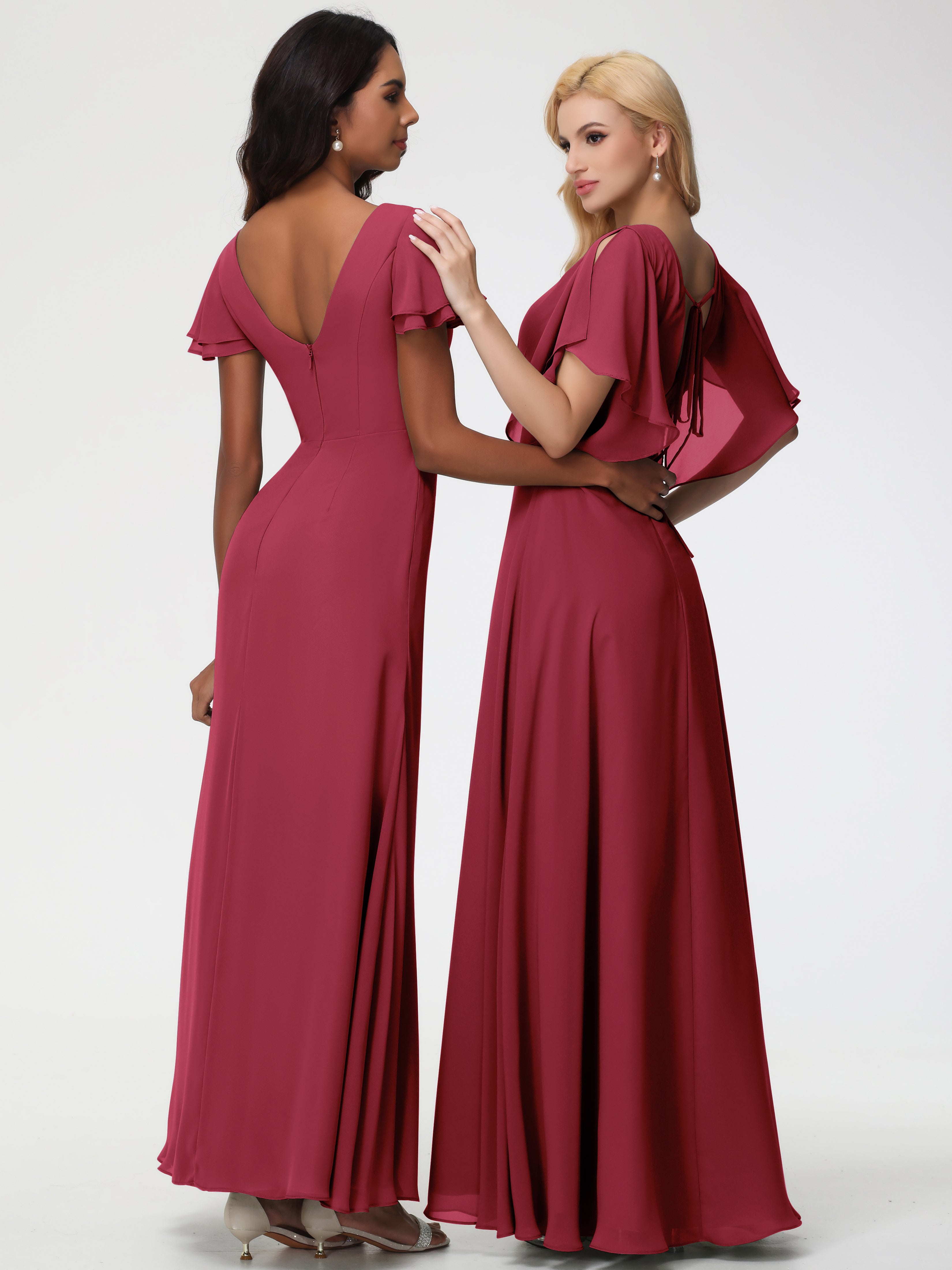 A-Line Sequins Sleeves Floor-Length Chiffon Bridesmaid Dresses