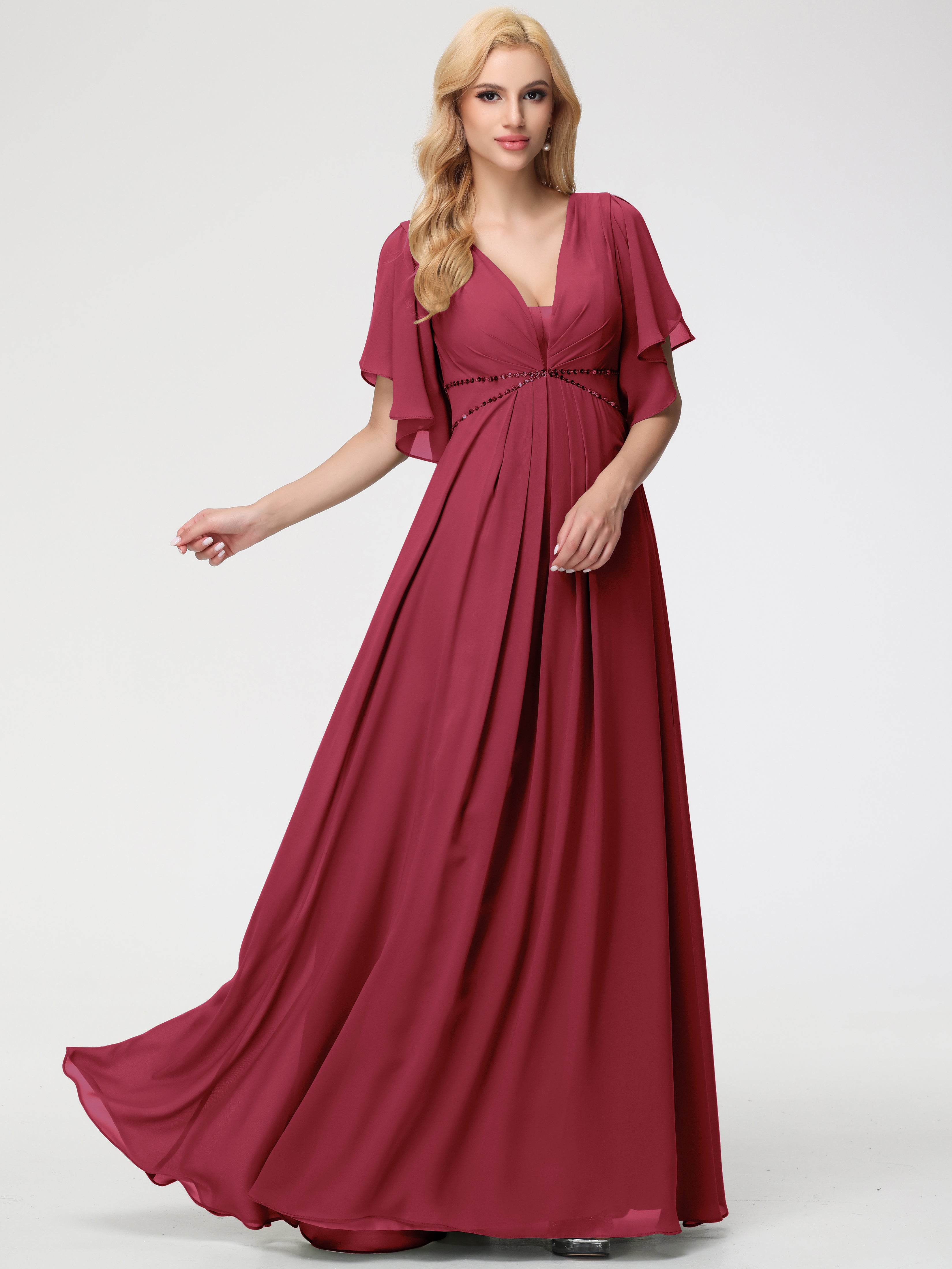 A-Line Sequins Sleeves Floor-Length Chiffon Bridesmaid Dresses