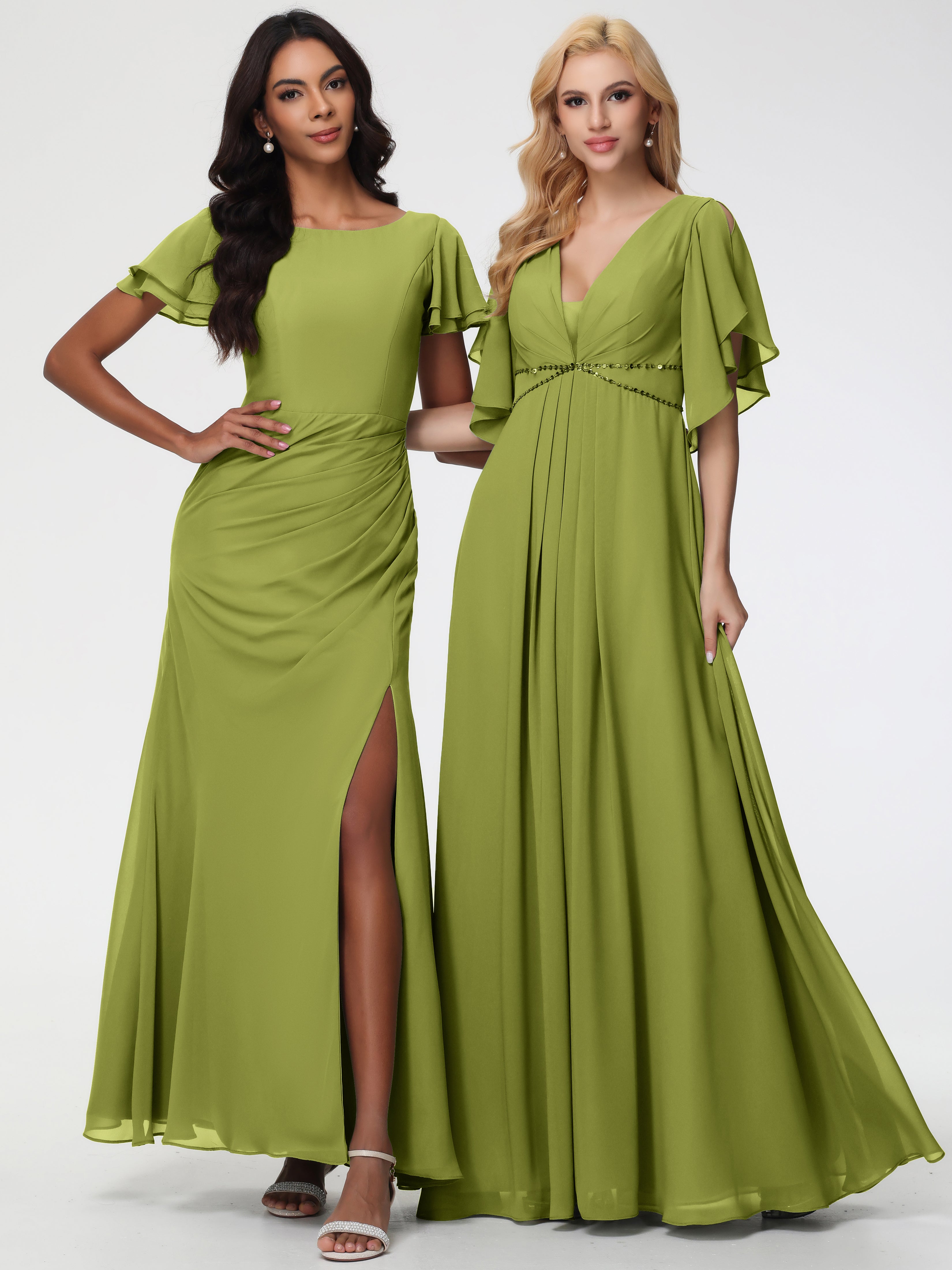 A-Line Sequins Sleeves Floor-Length Chiffon Bridesmaid Dresses