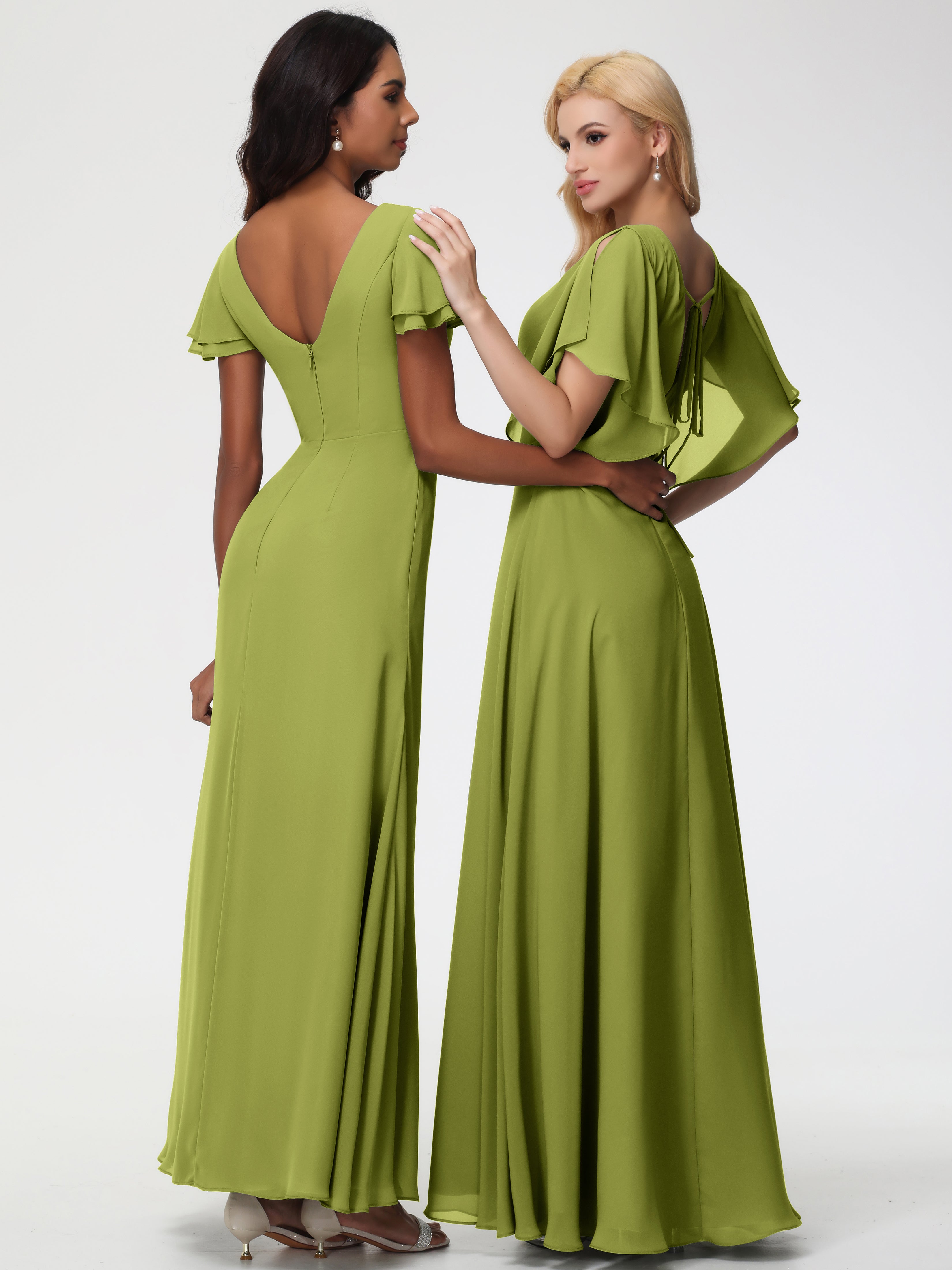 A-Line Sequins Sleeves Floor-Length Chiffon Bridesmaid Dresses