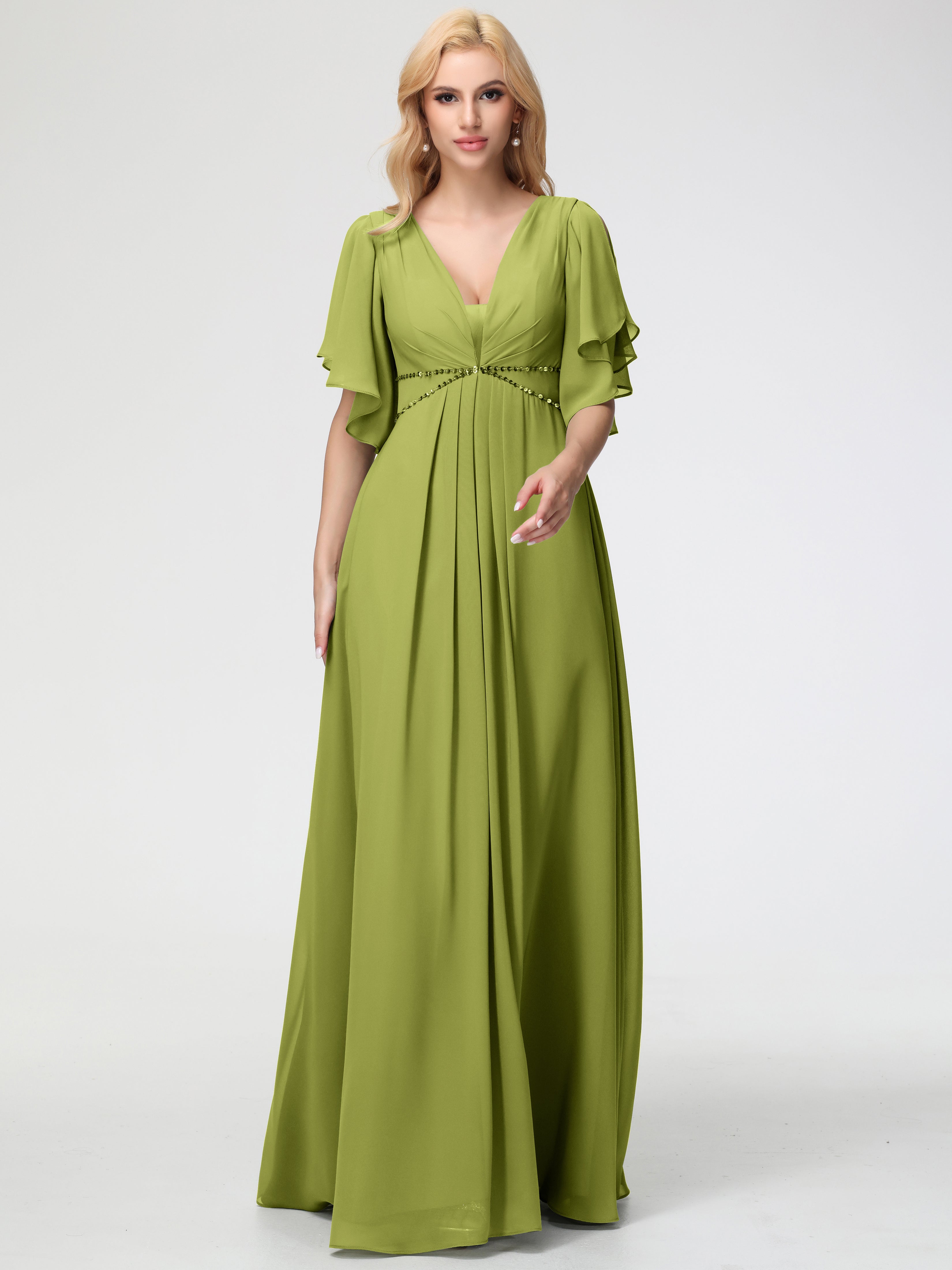 A-Line Sequins Sleeves Floor-Length Chiffon Bridesmaid Dresses