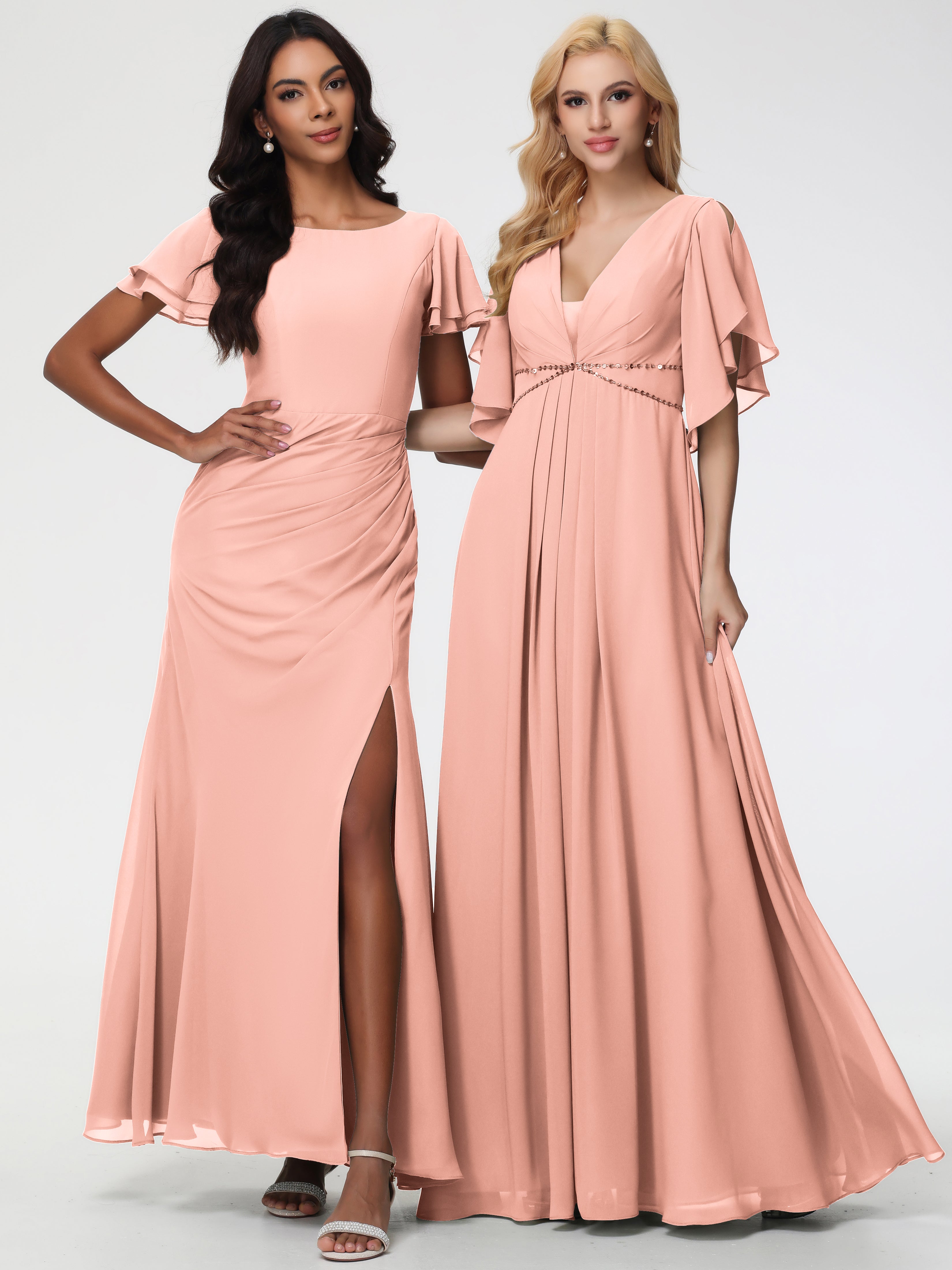 A-Line Sequins Sleeves Floor-Length Chiffon Bridesmaid Dresses