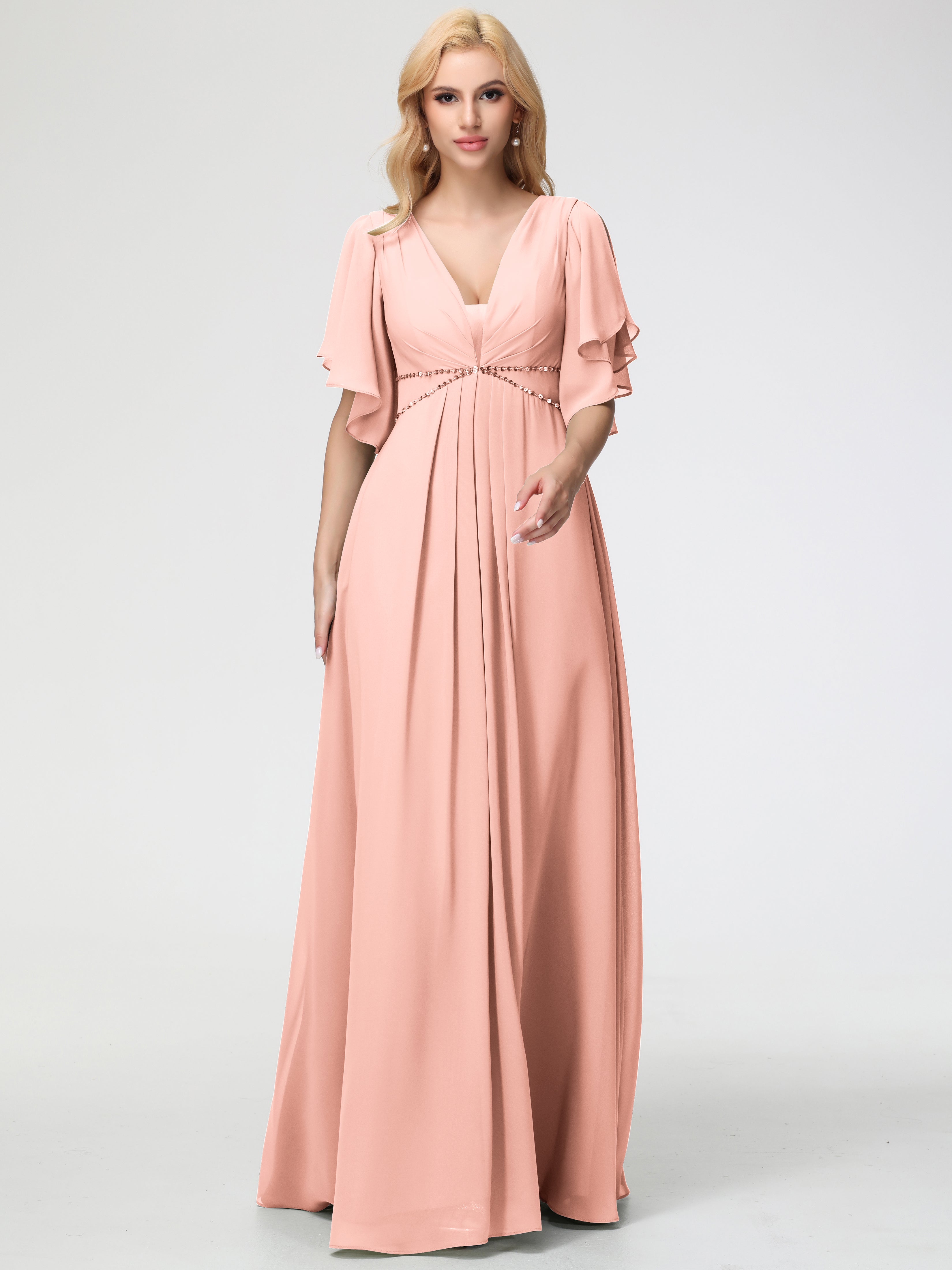A-Line Sequins Sleeves Floor-Length Chiffon Bridesmaid Dresses