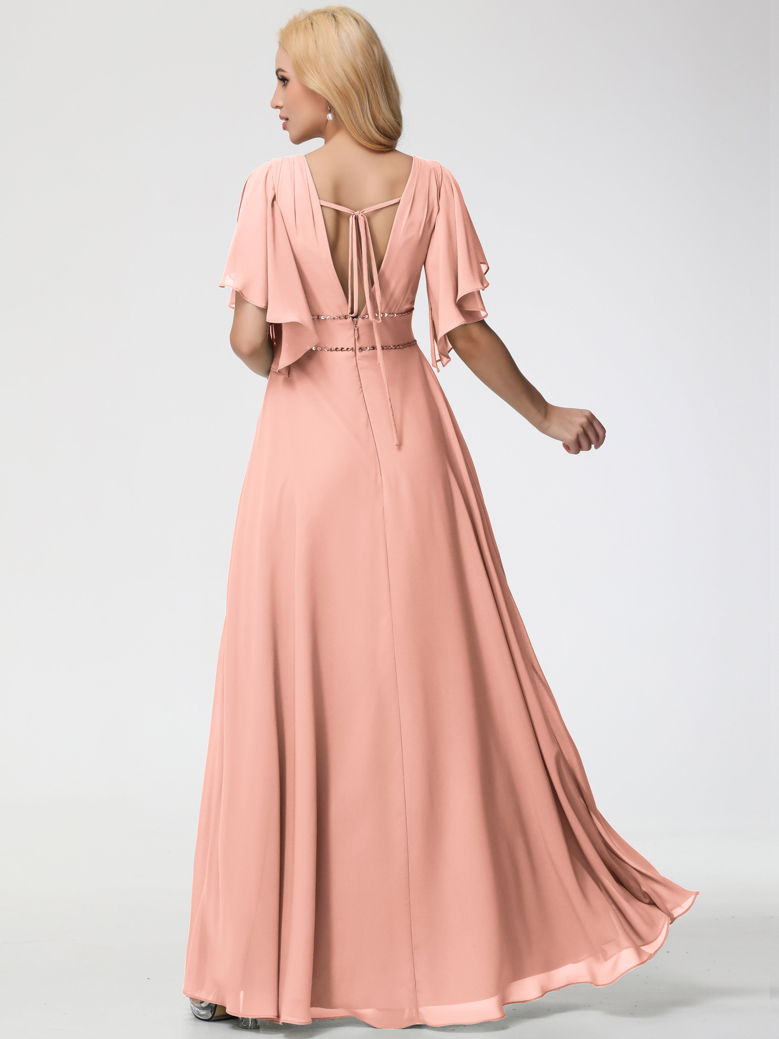 A-Line Sequins Sleeves Floor-Length Chiffon Bridesmaid Dresses