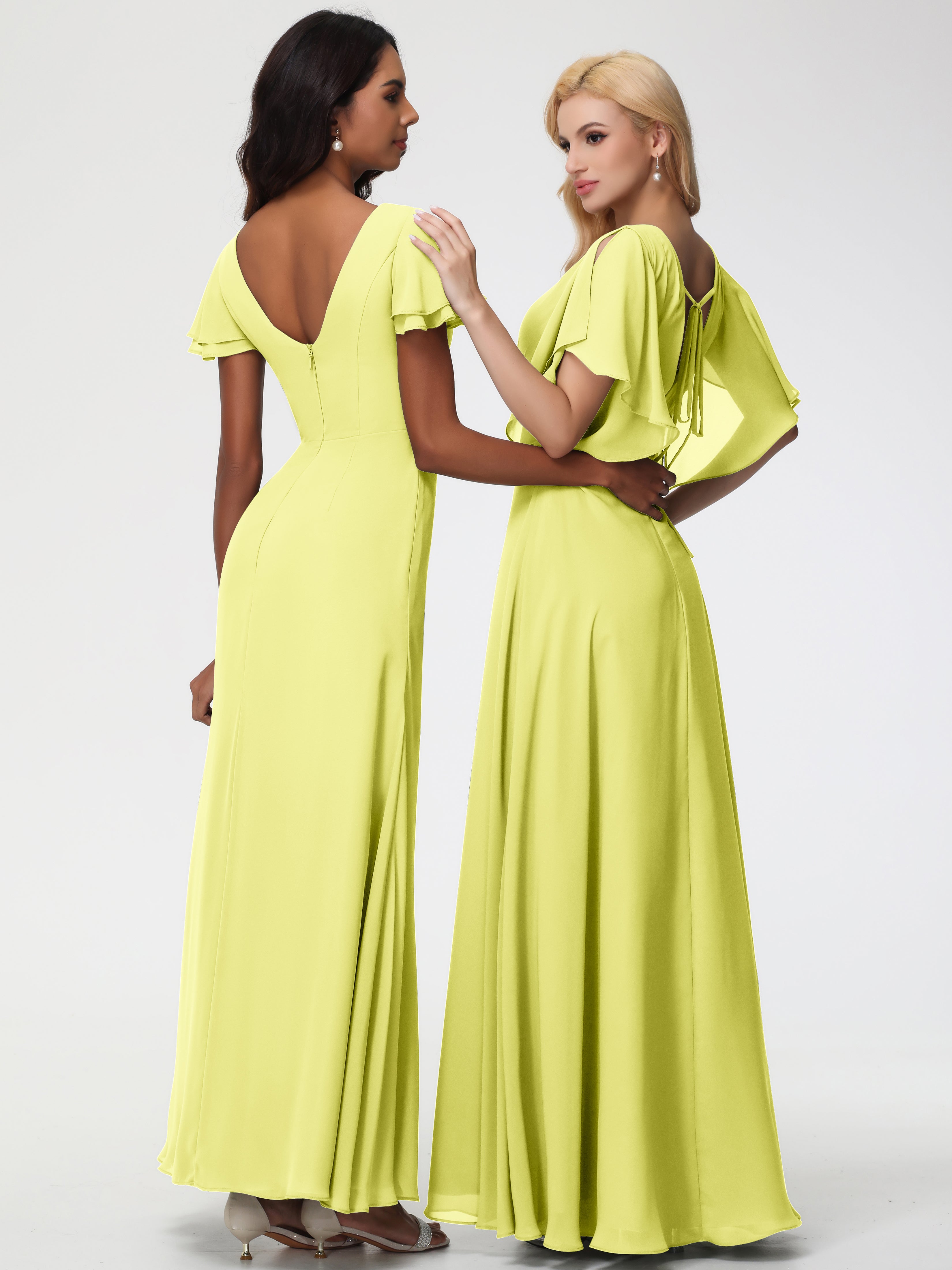 A-Line Sequins Sleeves Floor-Length Chiffon Bridesmaid Dresses