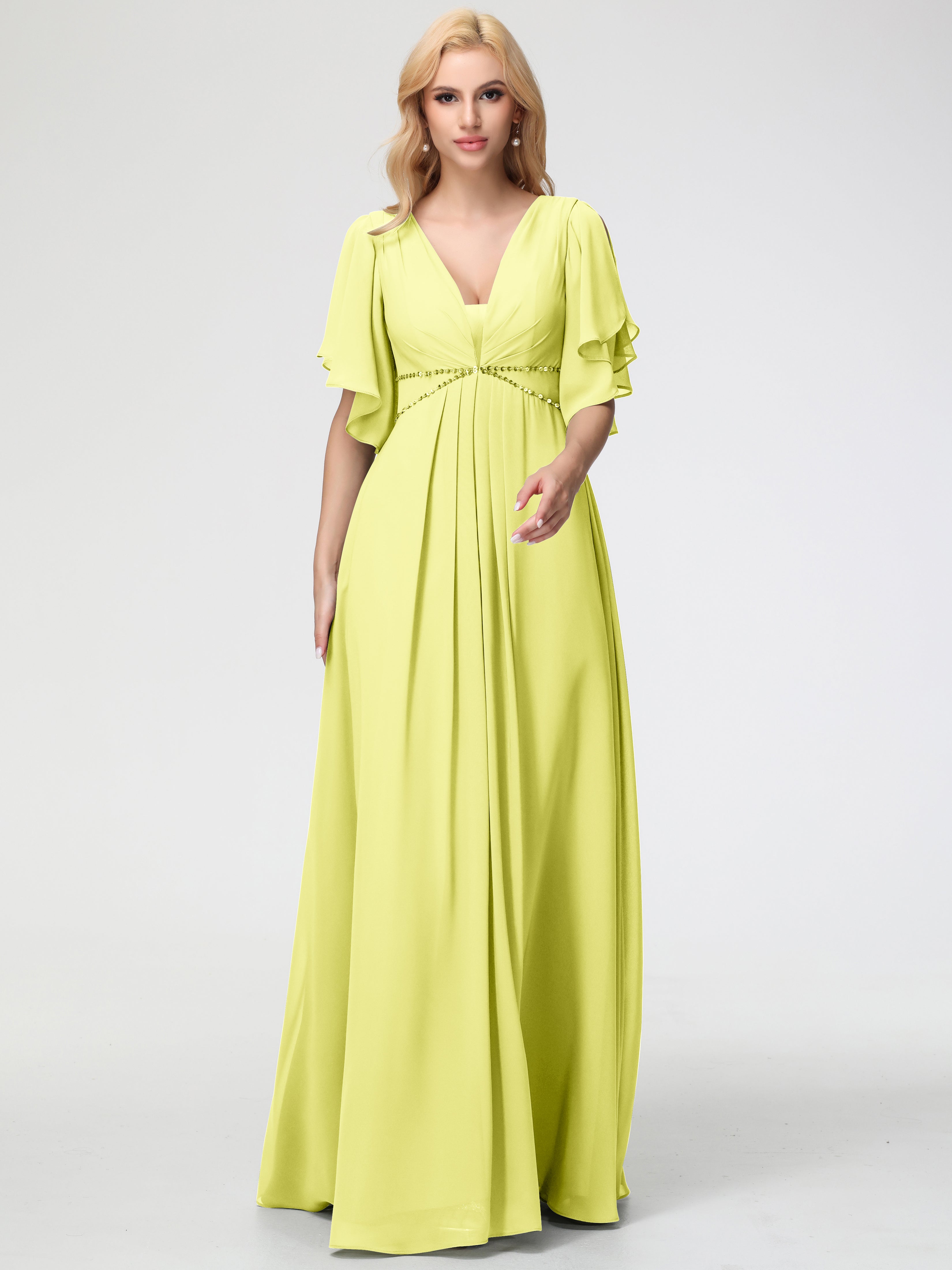 A-Line Sequins Sleeves Floor-Length Chiffon Bridesmaid Dresses