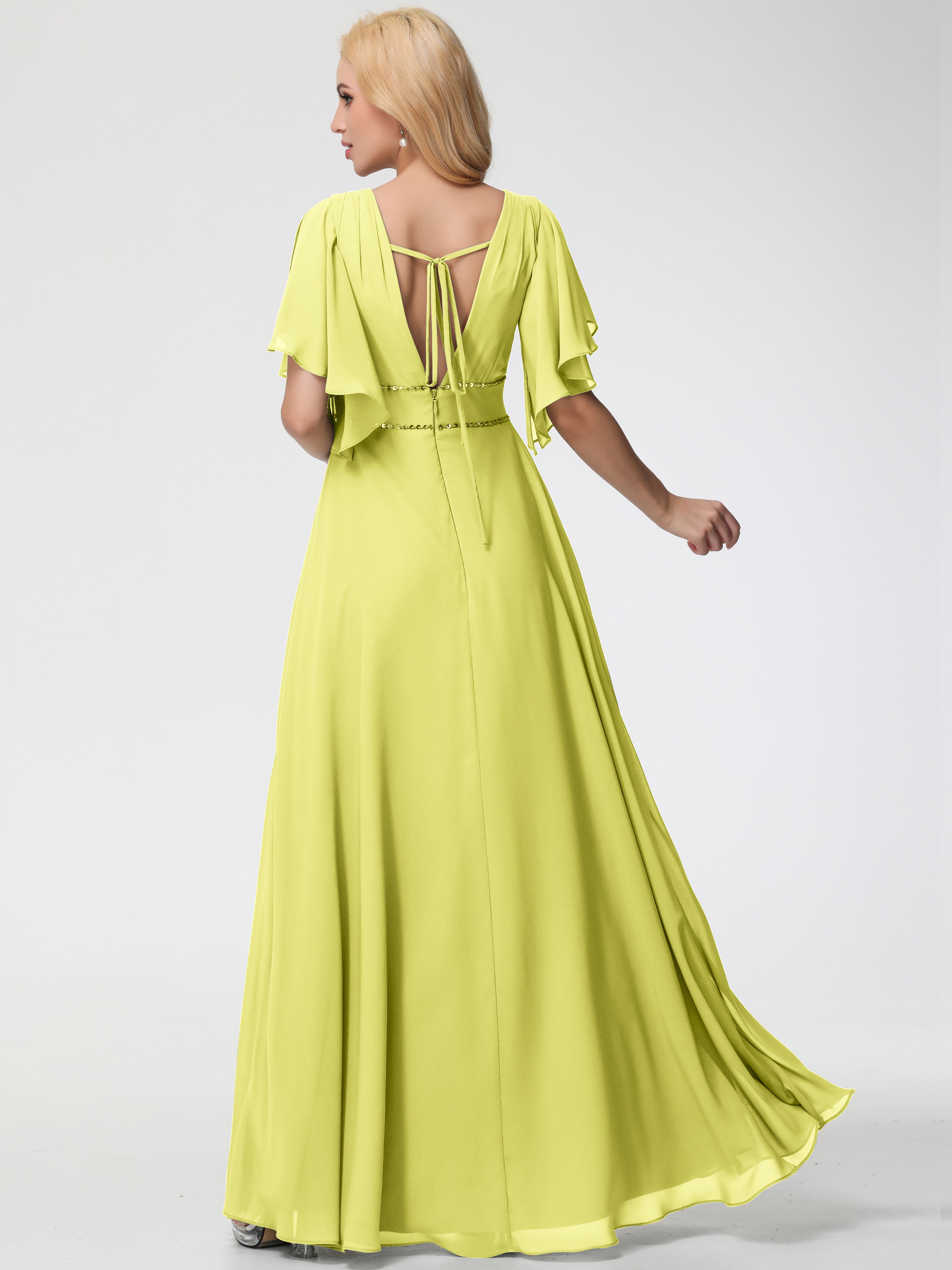 A-Line Sequins Sleeves Floor-Length Chiffon Bridesmaid Dresses