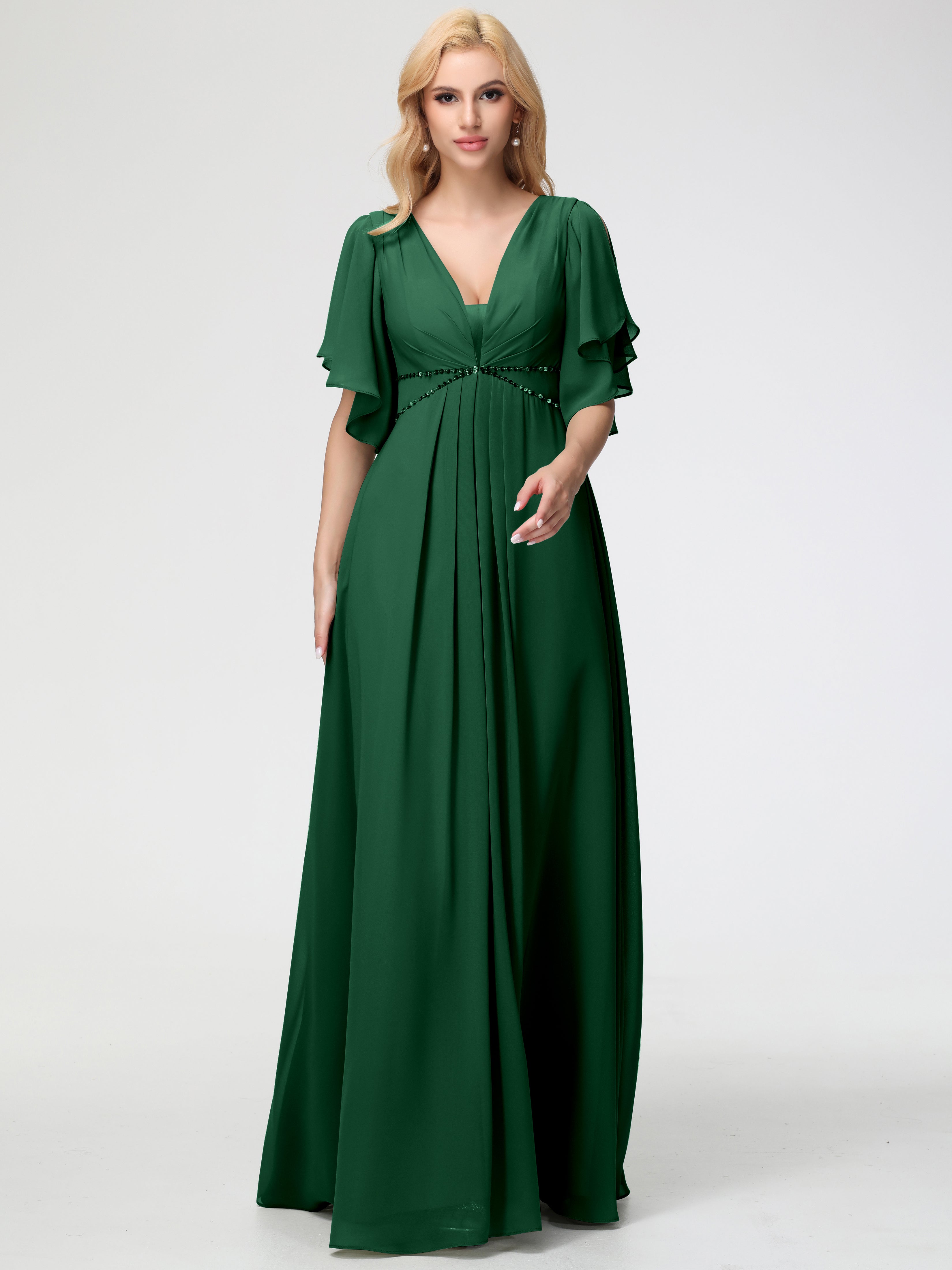 A-Line Sequins Sleeves Floor-Length Chiffon Bridesmaid Dresses