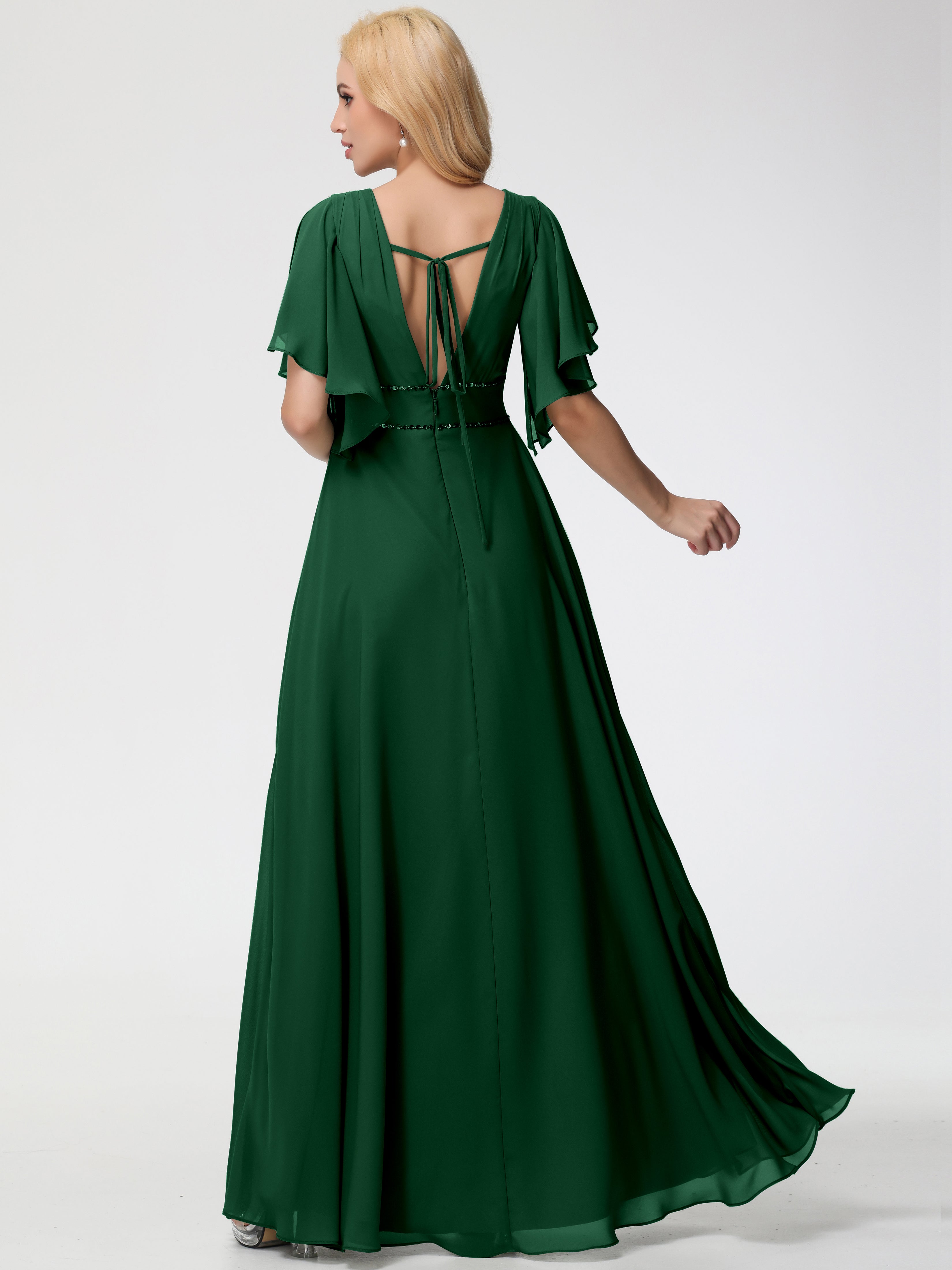 A-Line Sequins Sleeves Floor-Length Chiffon Bridesmaid Dresses