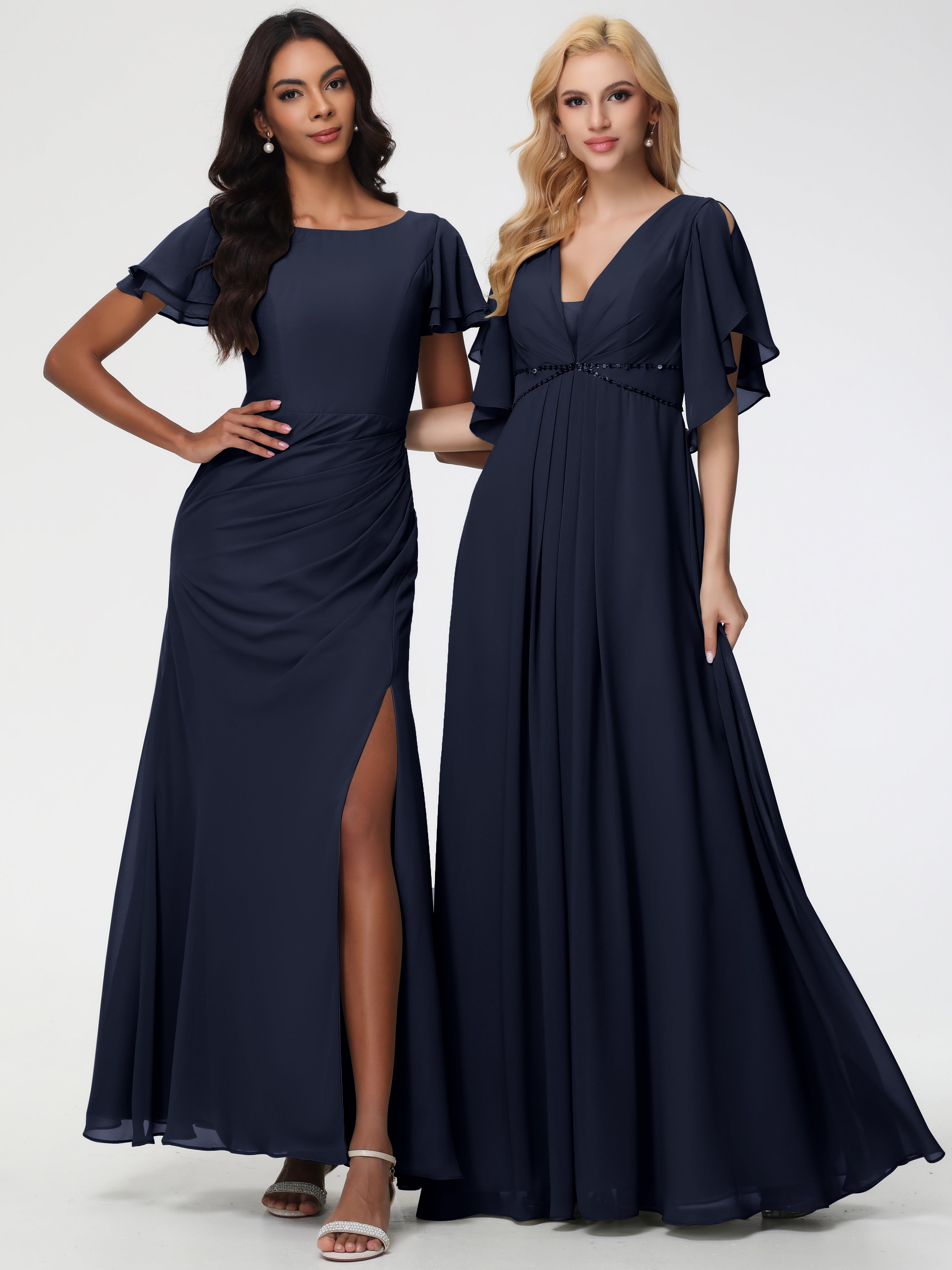 A-Line Sequins Sleeves Floor-Length Chiffon Bridesmaid Dresses
