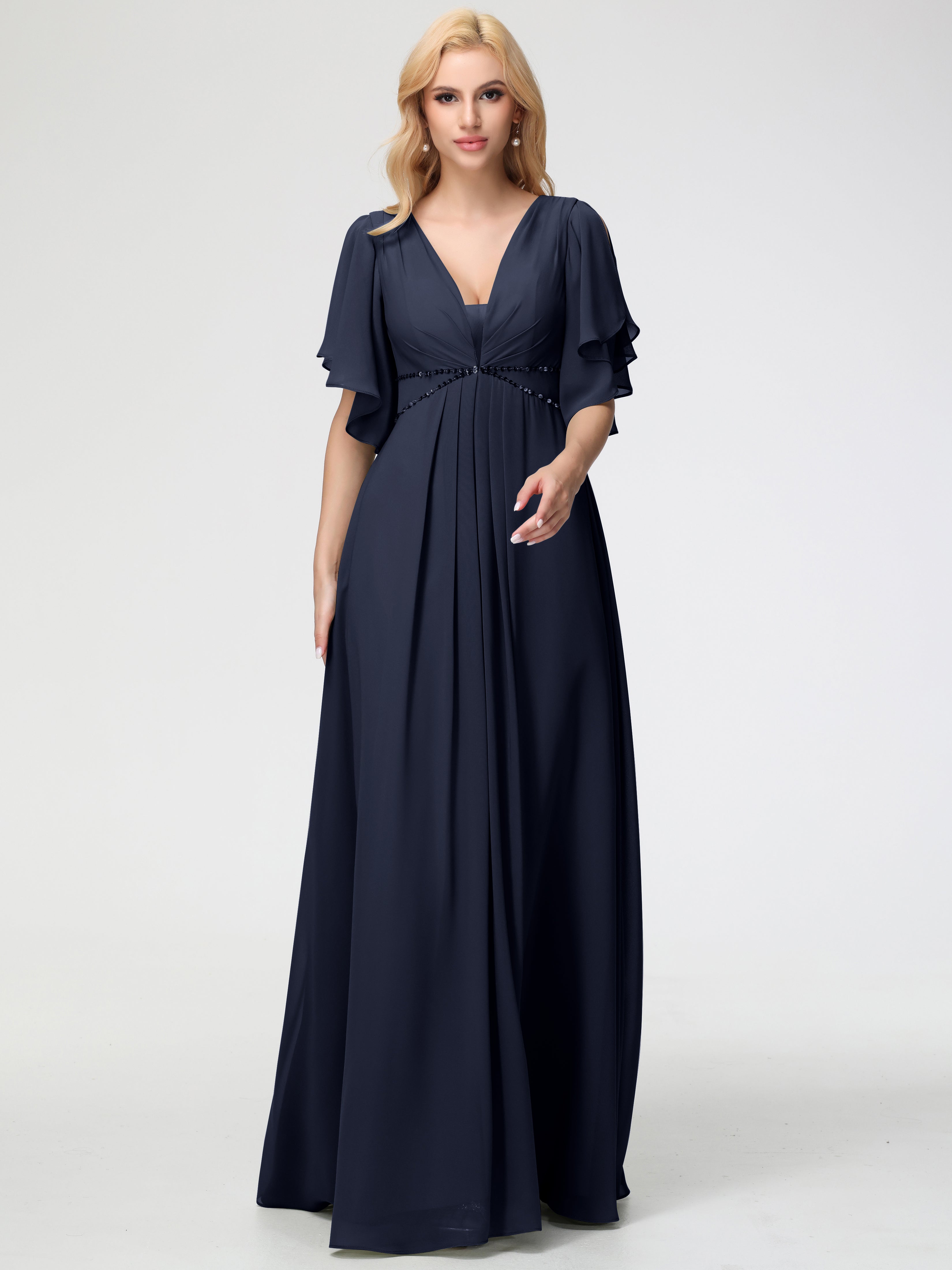 A-Line Sequins Sleeves Floor-Length Chiffon Bridesmaid Dresses