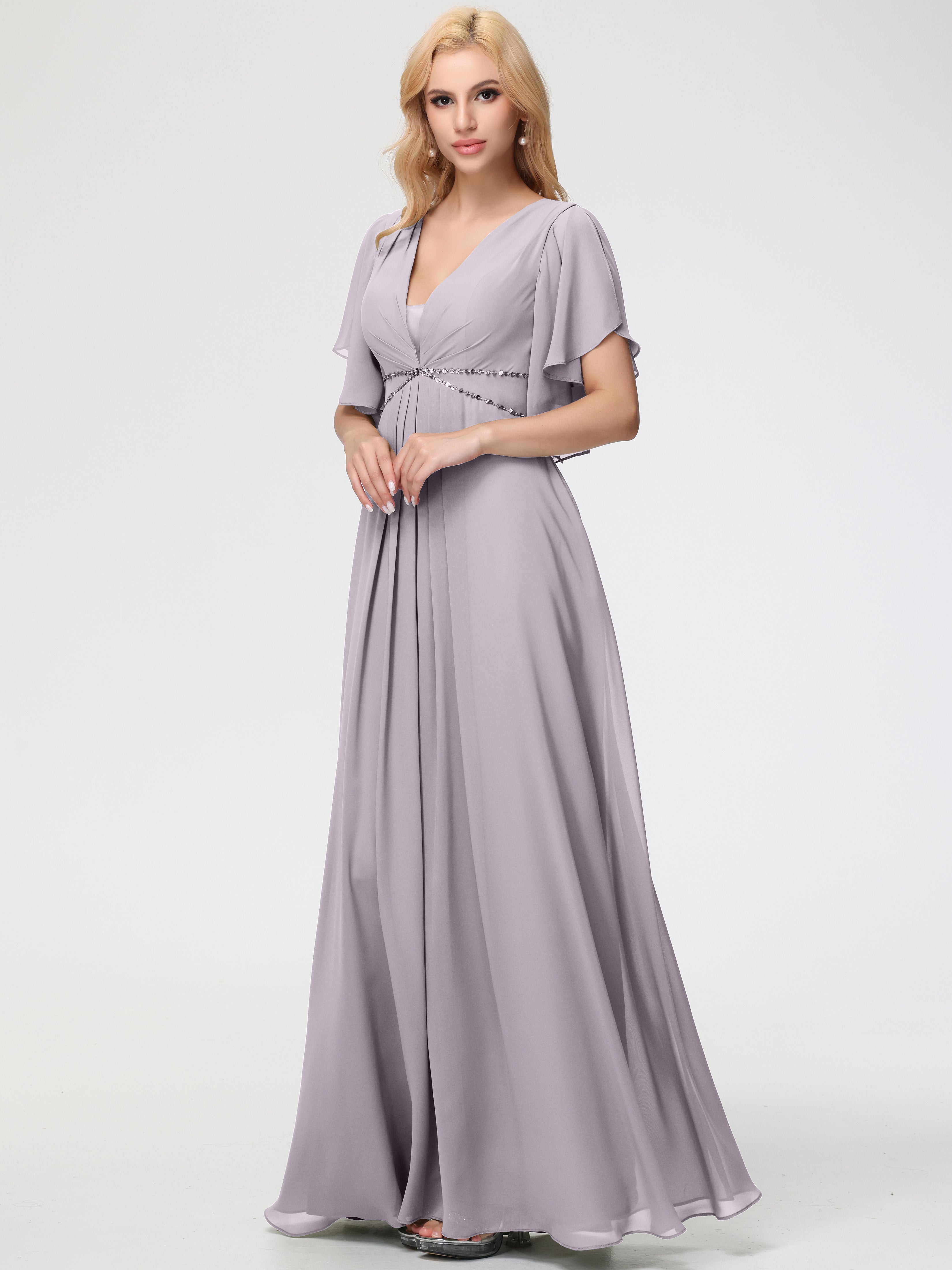 A-Line Sequins Sleeves Floor-Length Chiffon Bridesmaid Dresses