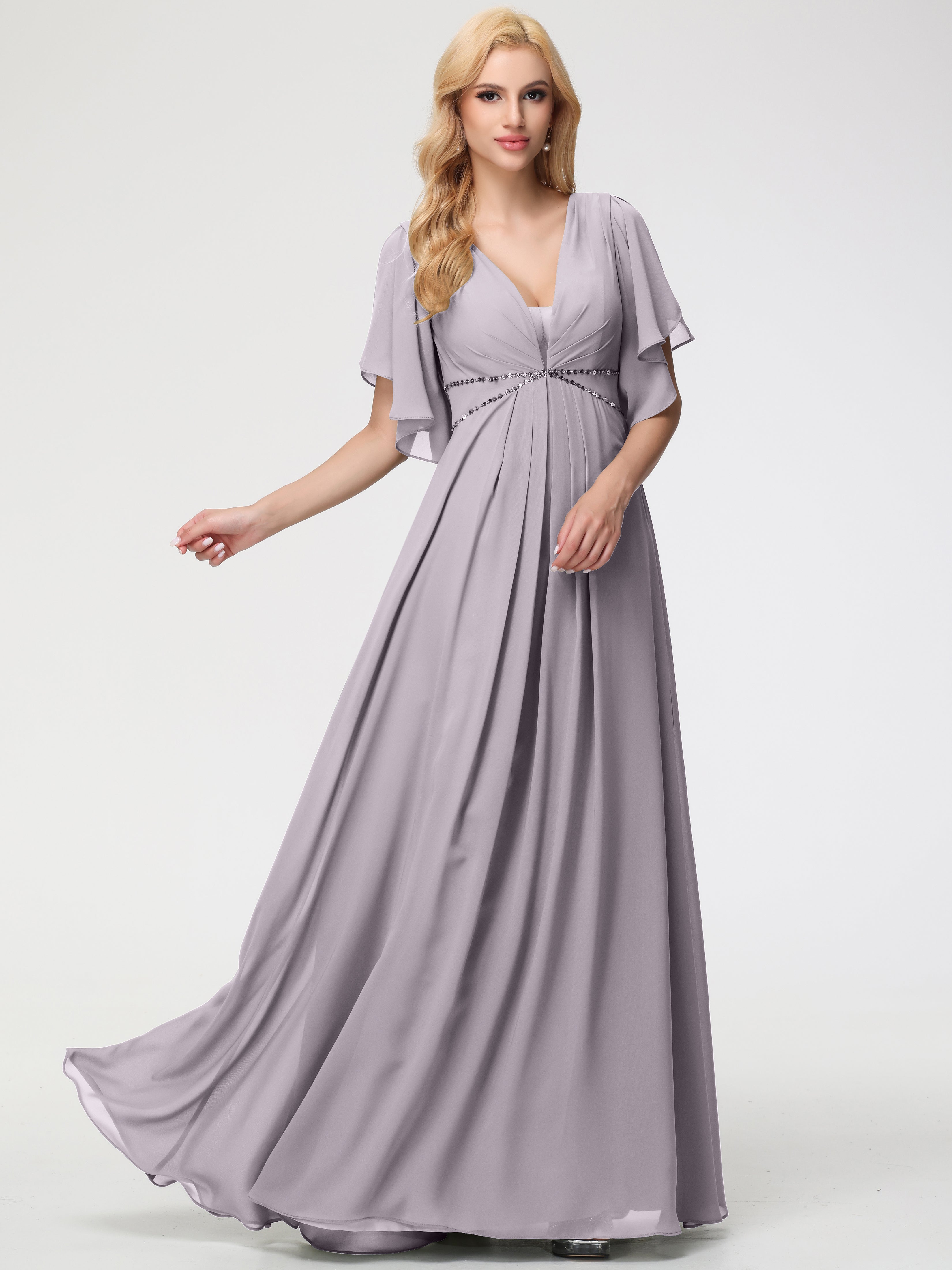 A-Line Sequins Sleeves Floor-Length Chiffon Bridesmaid Dresses