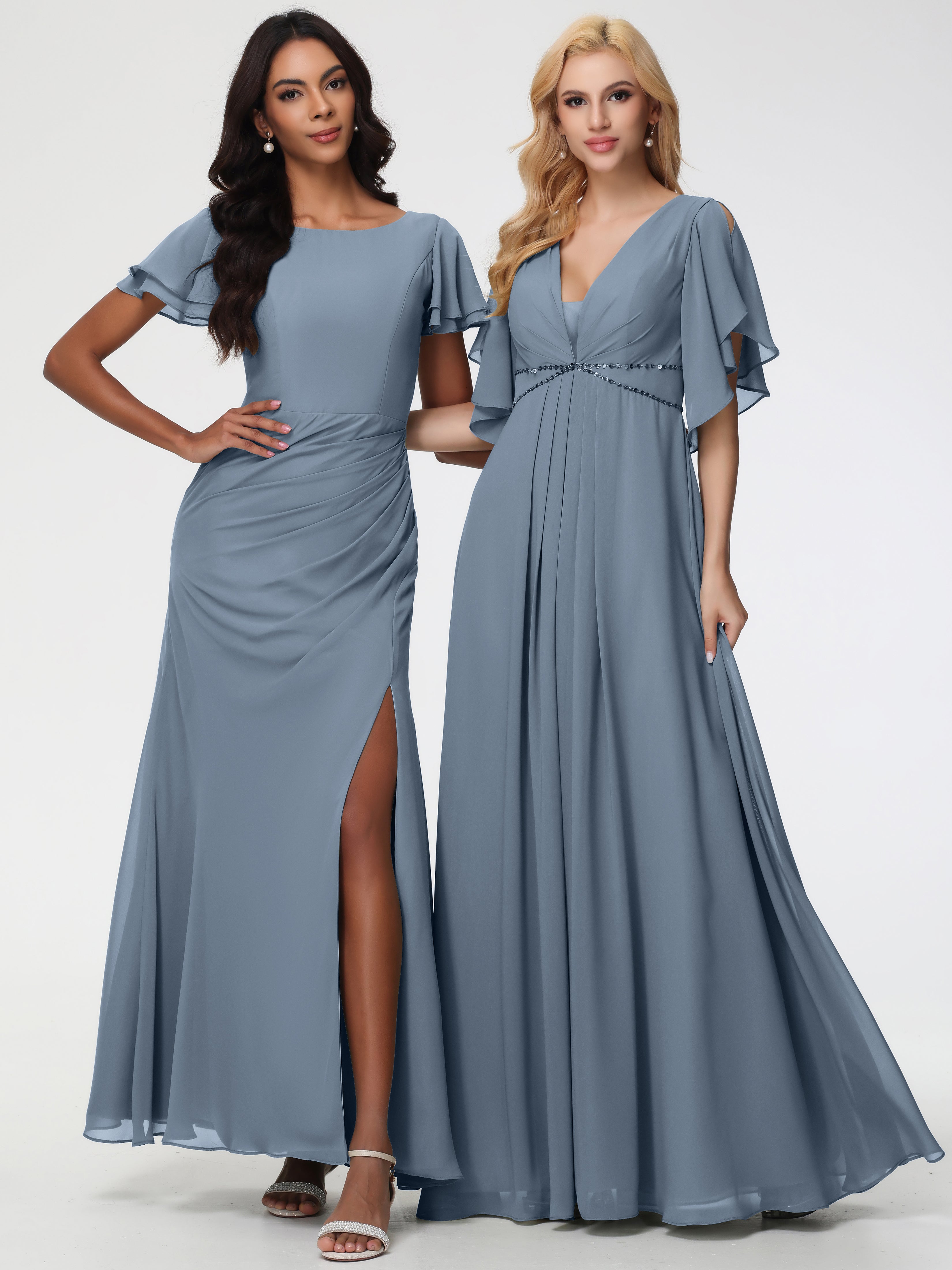 A-Line Sequins Sleeves Floor-Length Chiffon Bridesmaid Dresses