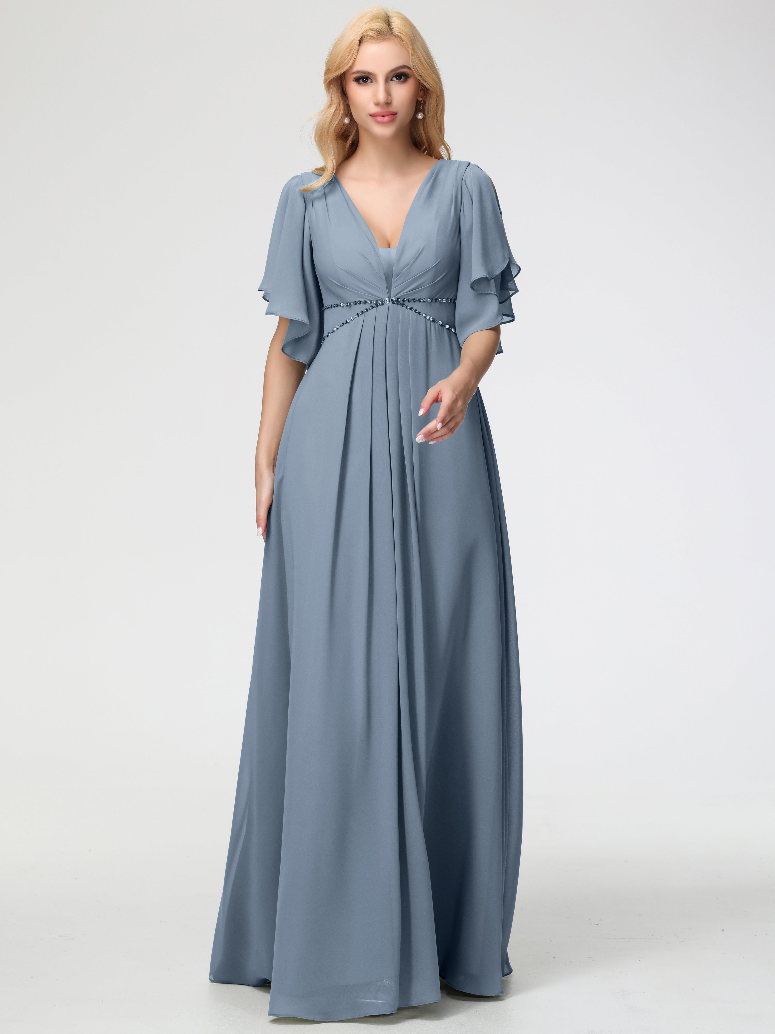 A-Line Sequins Sleeves Floor-Length Chiffon Bridesmaid Dresses