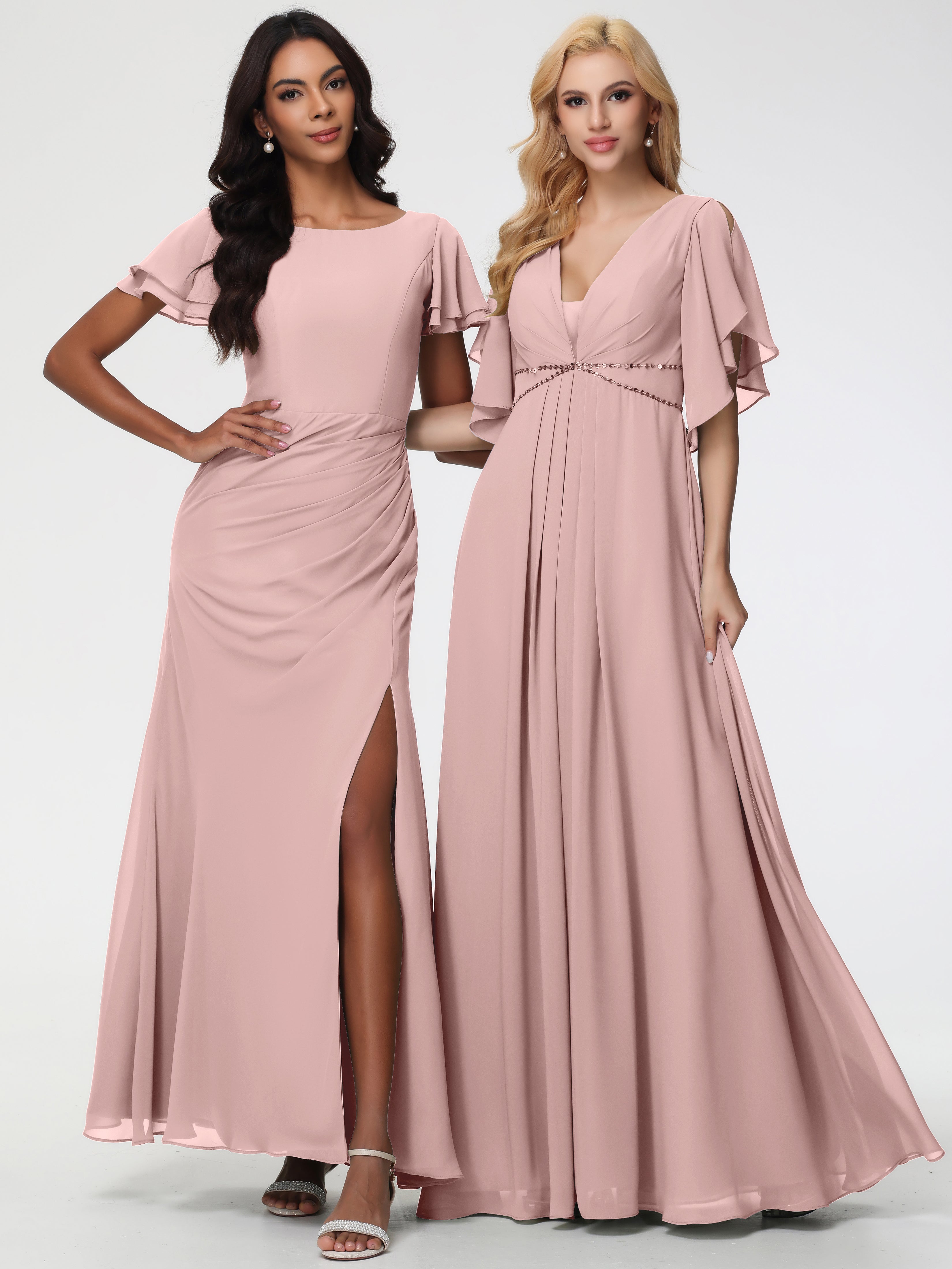 A-Line Sequins Sleeves Floor-Length Chiffon Bridesmaid Dresses