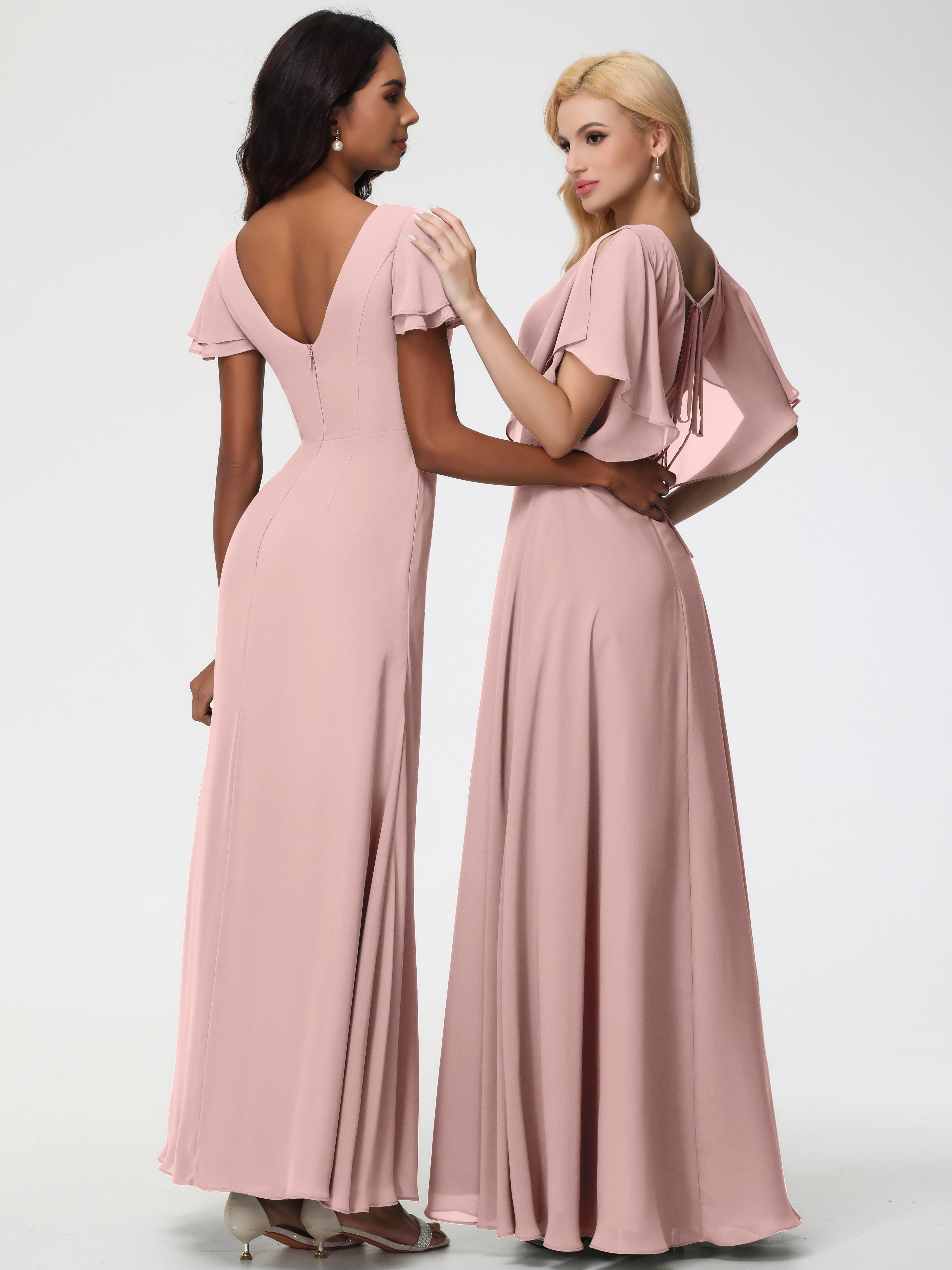 A-Line Sequins Sleeves Floor-Length Chiffon Bridesmaid Dresses