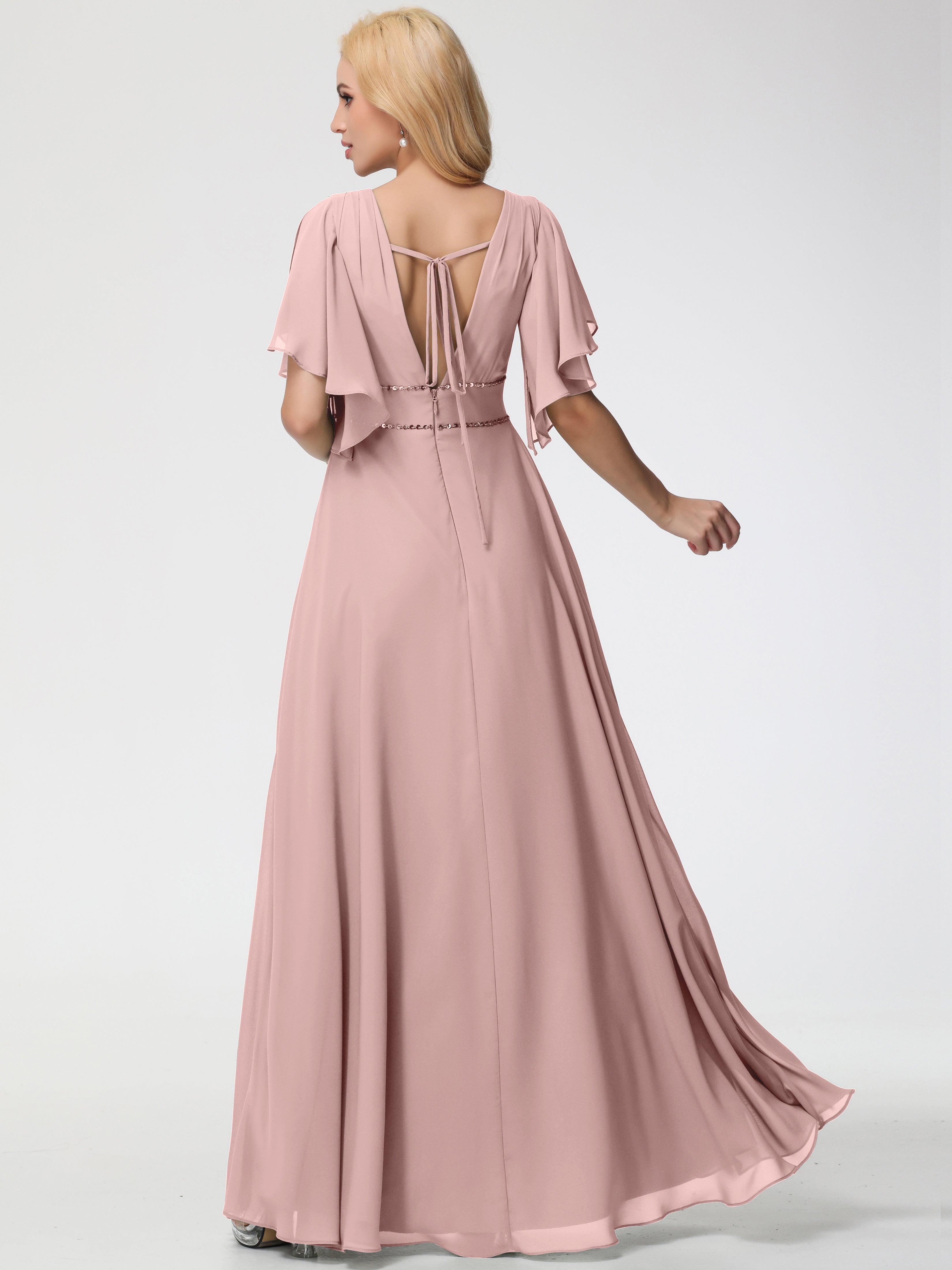 A-Line Sequins Sleeves Floor-Length Chiffon Bridesmaid Dresses