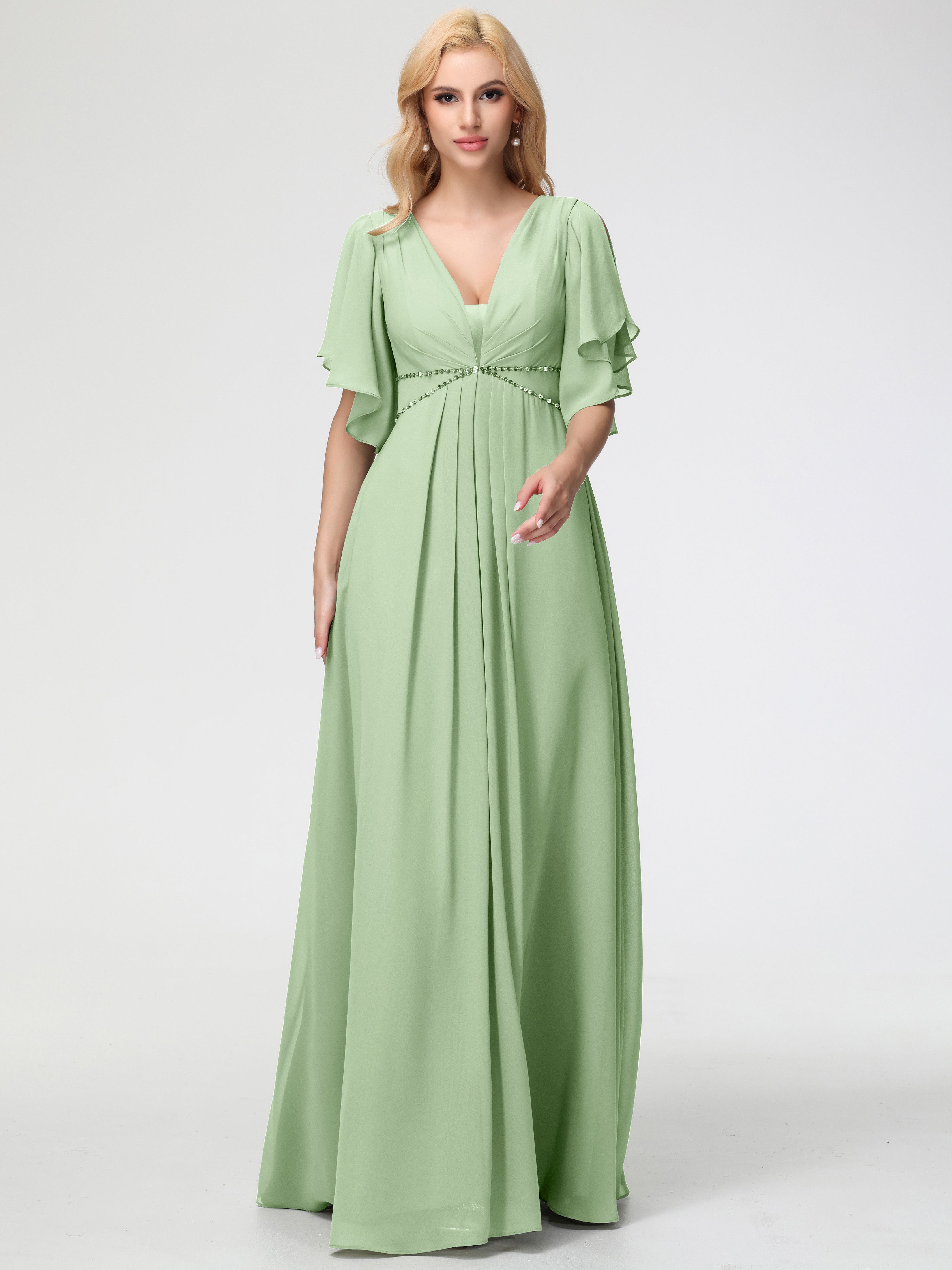A-Line Sequins Sleeves Floor-Length Chiffon Bridesmaid Dresses